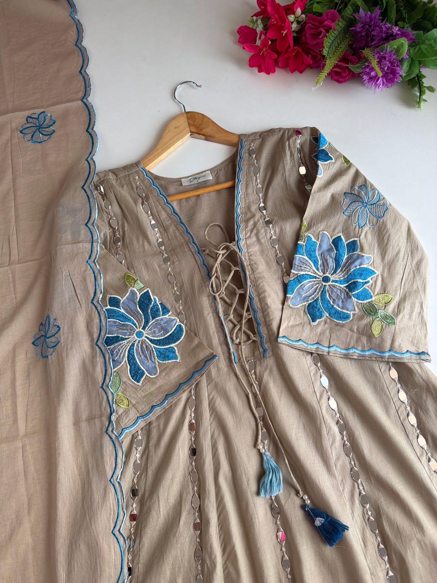 K525 - Muslin mirror work Anarkali with pants and dupatta