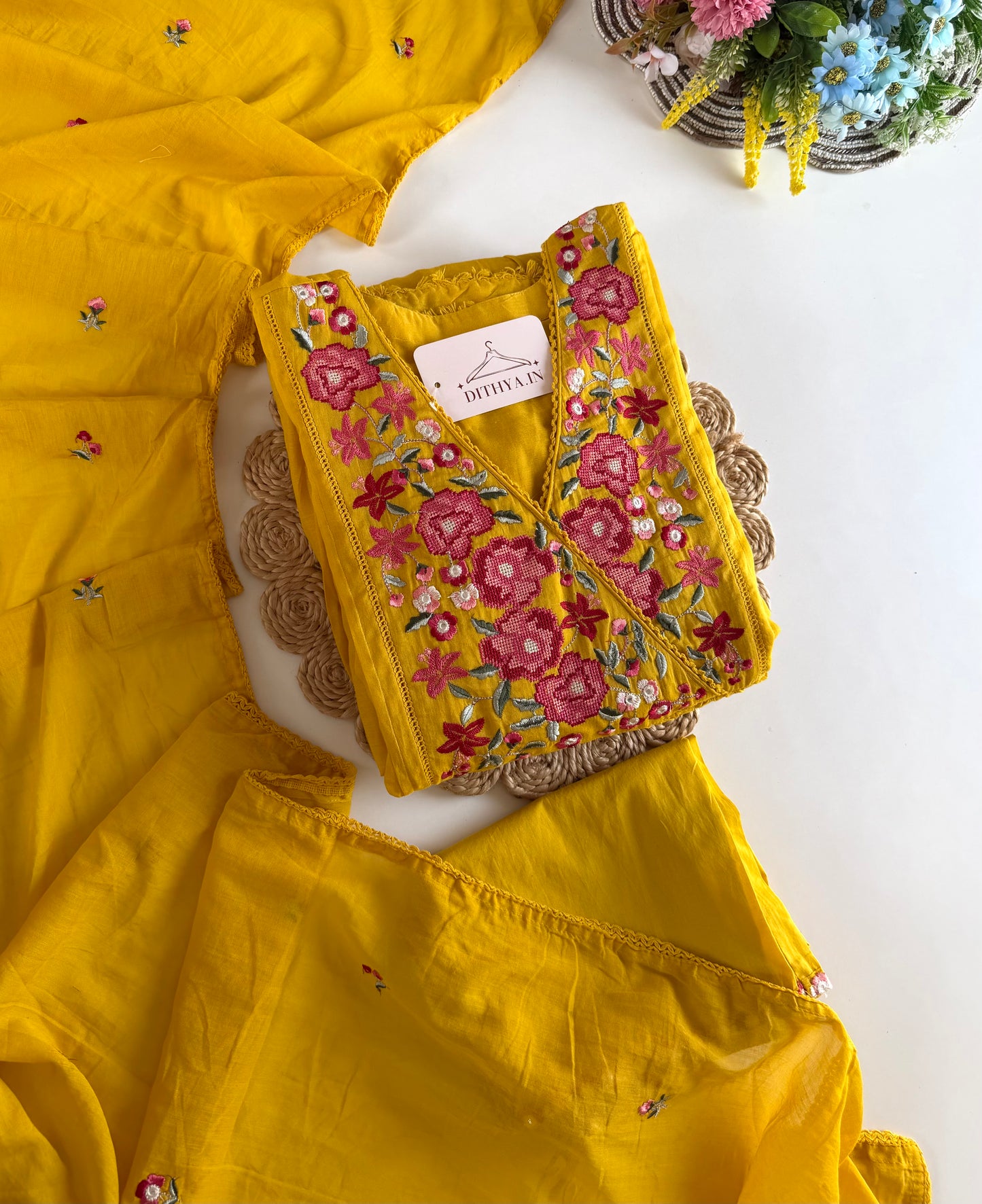 K476 - Mul Mul cotton embroidered Anarkali with pants and dupatta in 2 colours