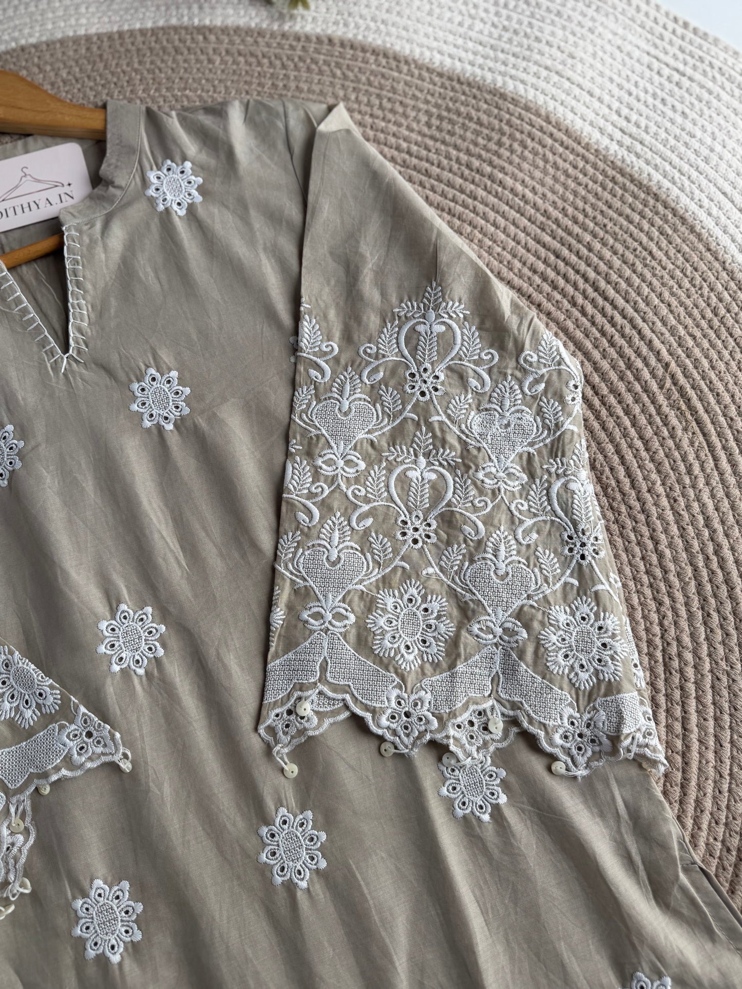 K718 - Cotton embroidered Aline Kurti with pants in 3 colours
