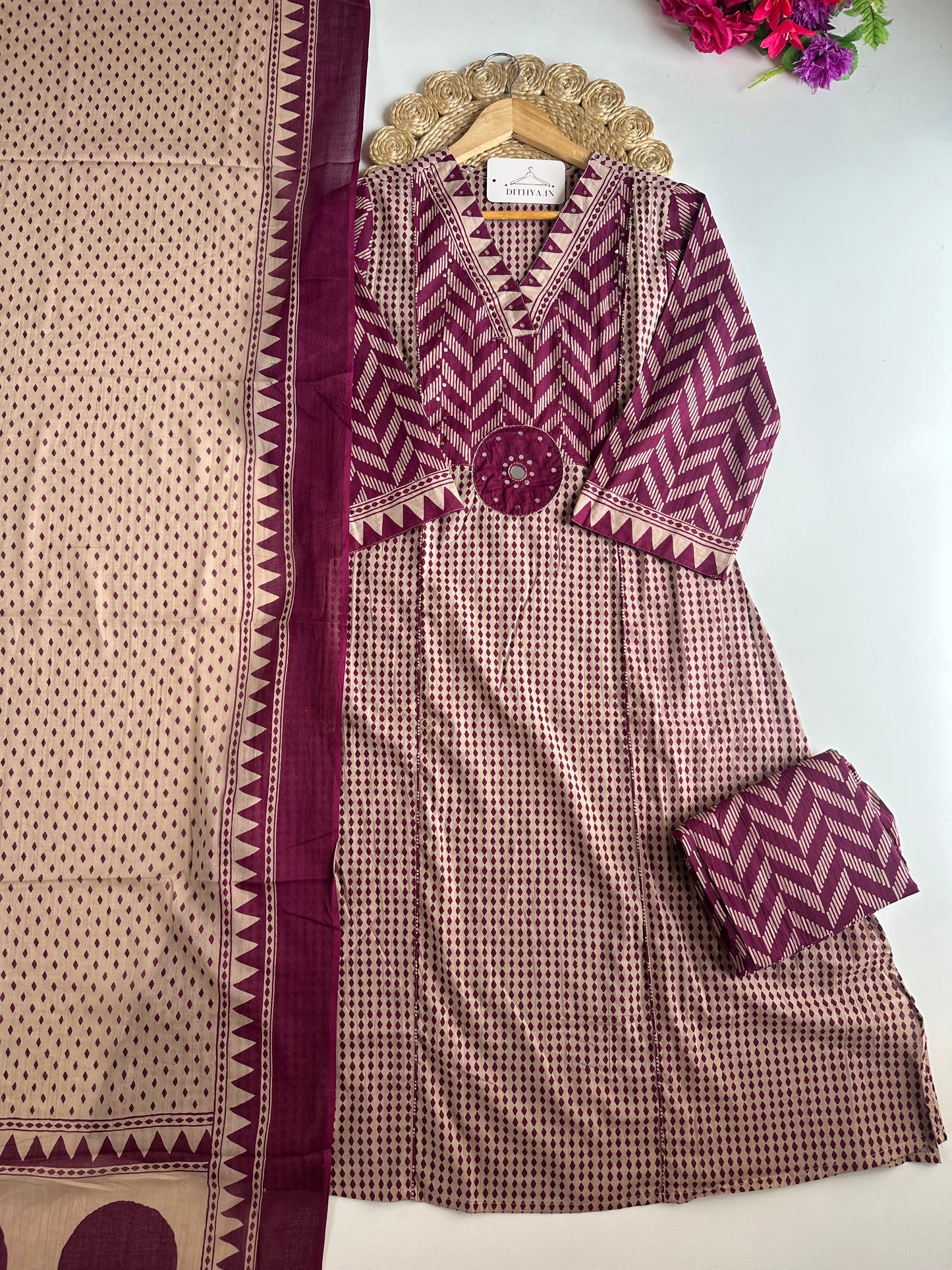 K717 - Mul cotton embroidered Aline Kurti with pants and dupatta