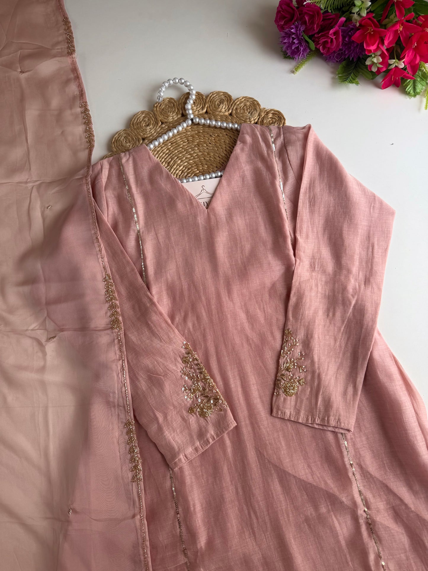 K564 - Mul chanderi handwork aline Kurti with pants and dupatta