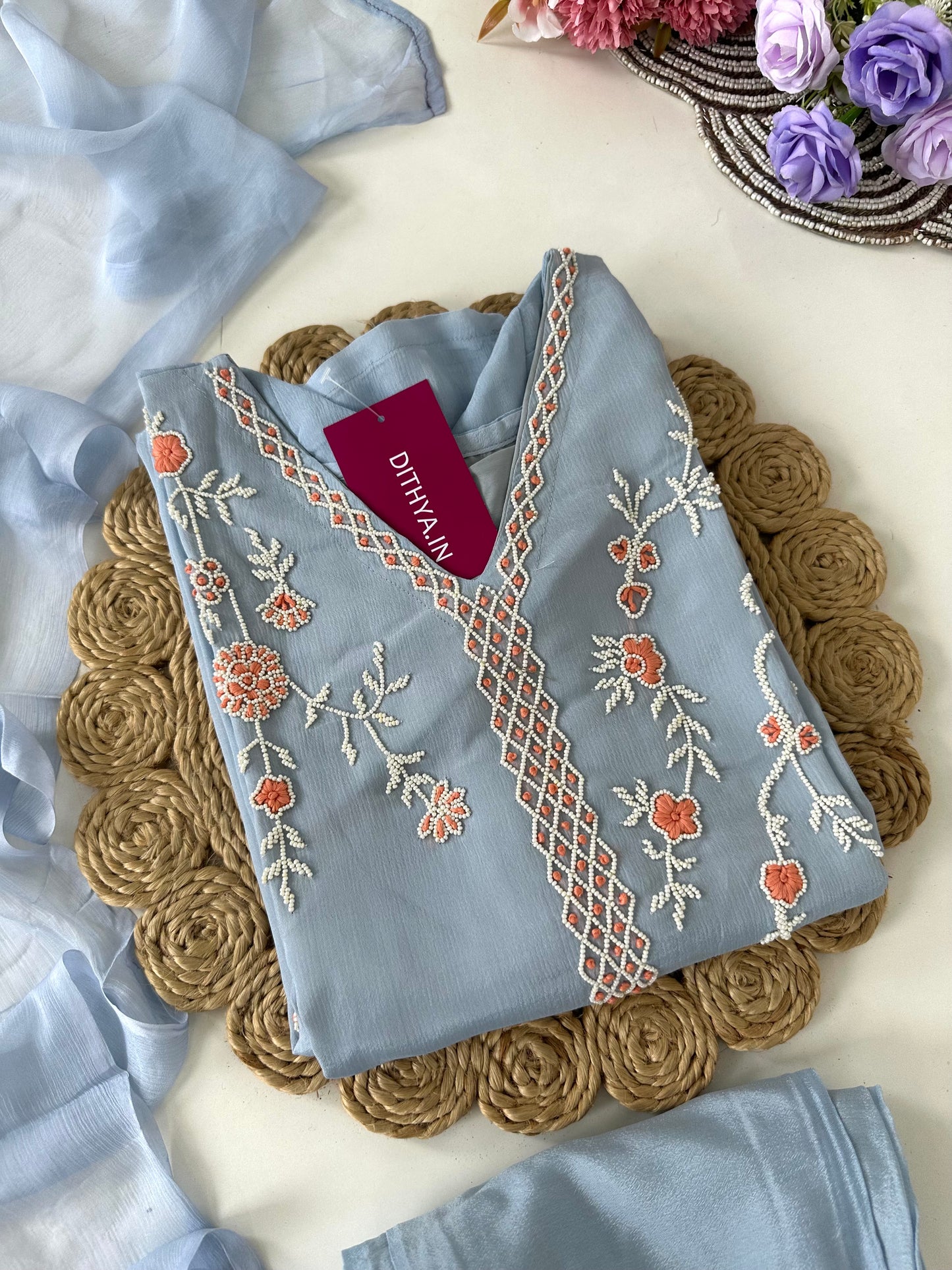 D087 -Chinnon silk straight kurti with pants and dupatta