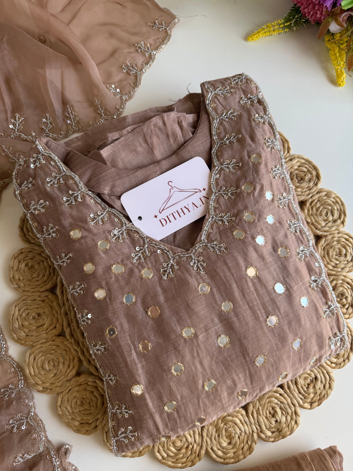 K278 - Mul chanderi mirror handwork Anarkali with pants and dupatta