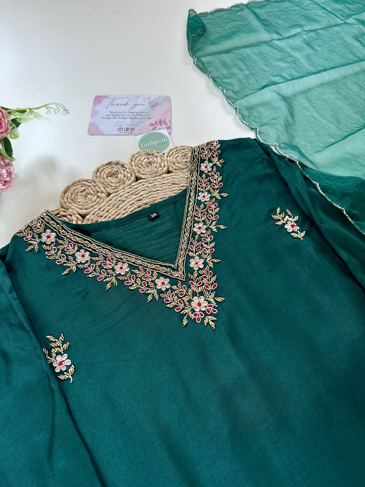 K315 - Muslin silk handwork straight kurti with straight pants and organza dupatta .