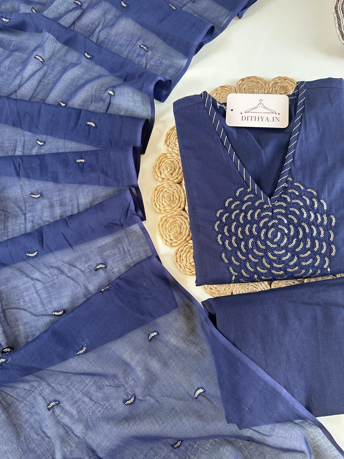 K473 - Mul cotton embroidered straight Kurti with pants and dupatta