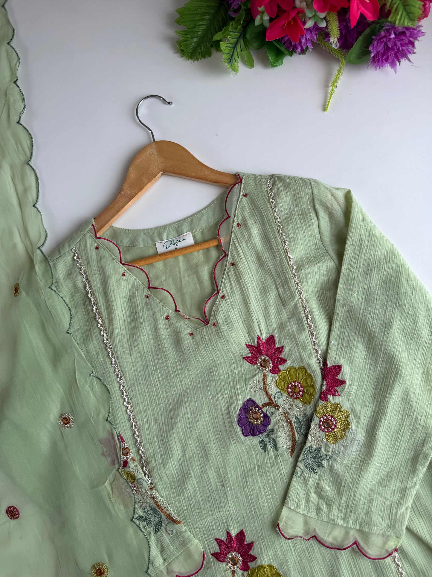 K539 - Crushed mul Chanderi embroidered Aline Kurti with pants and dupatta