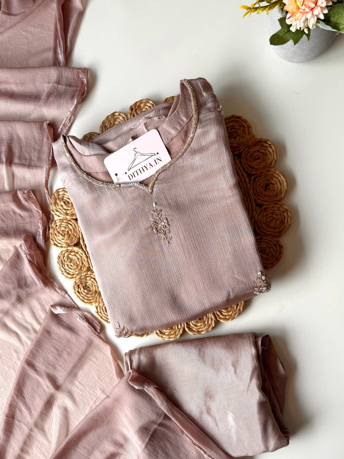 K365 - Pure Chinnon handwork aline Kurti with pants and dupatta