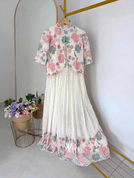K524 - Georgette Floral embroidered crop blazer with gown