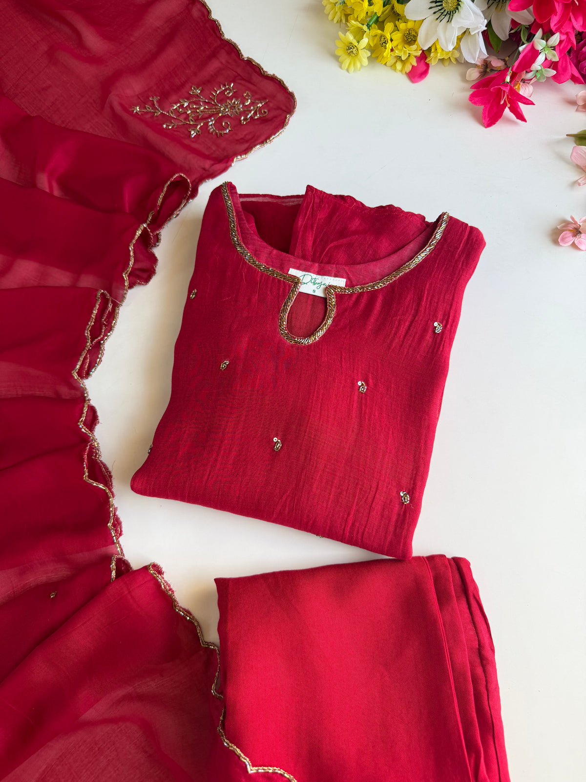 K075 - Pure Banarasi Mul chanderi handwork aline Kurti with pants and dupatta