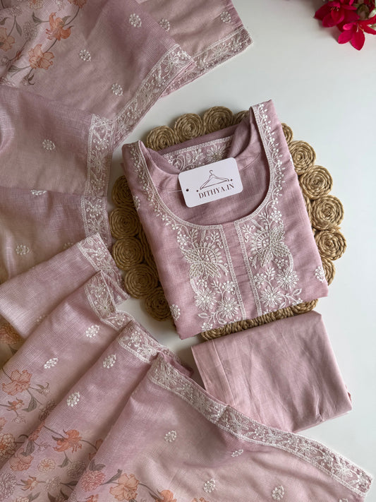 K465 - Kota Doriya embroidered straight Kurti with pants and dupatta