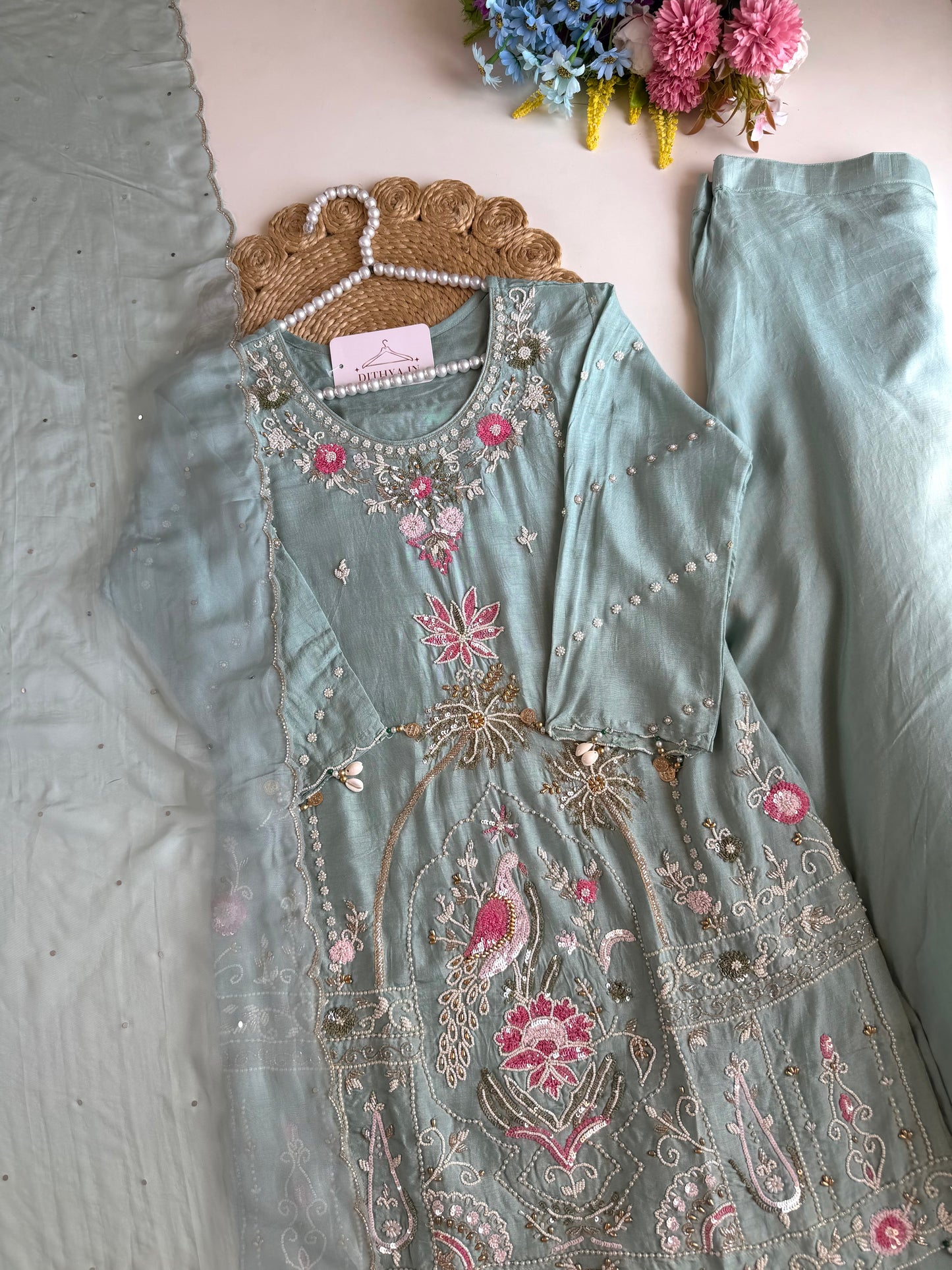 K333 - Russian silk handwork short Kurti with divider pants and dupatta