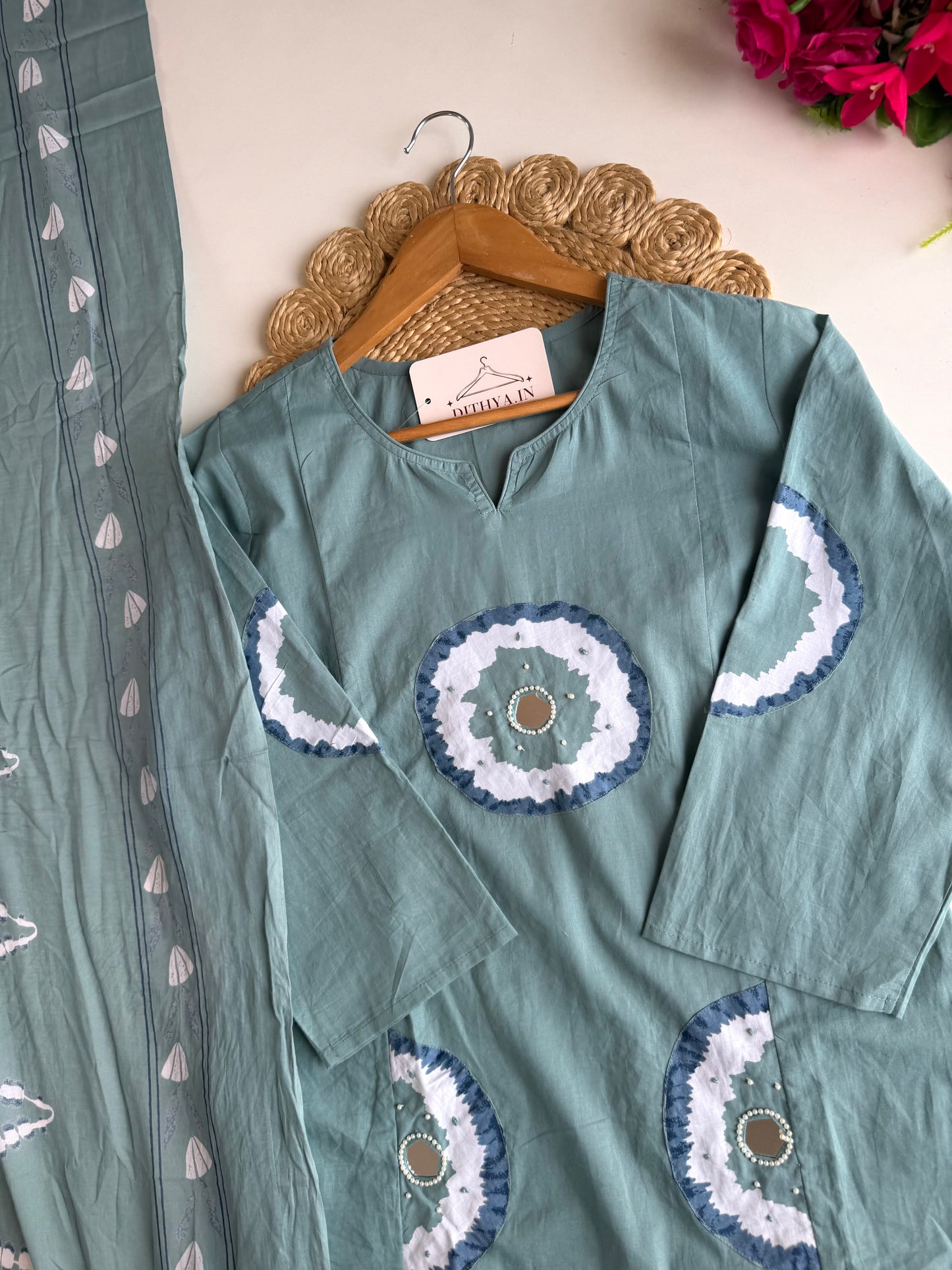 K543 - Mul cotton embroidered Aline   Kurti with pants and dupatta