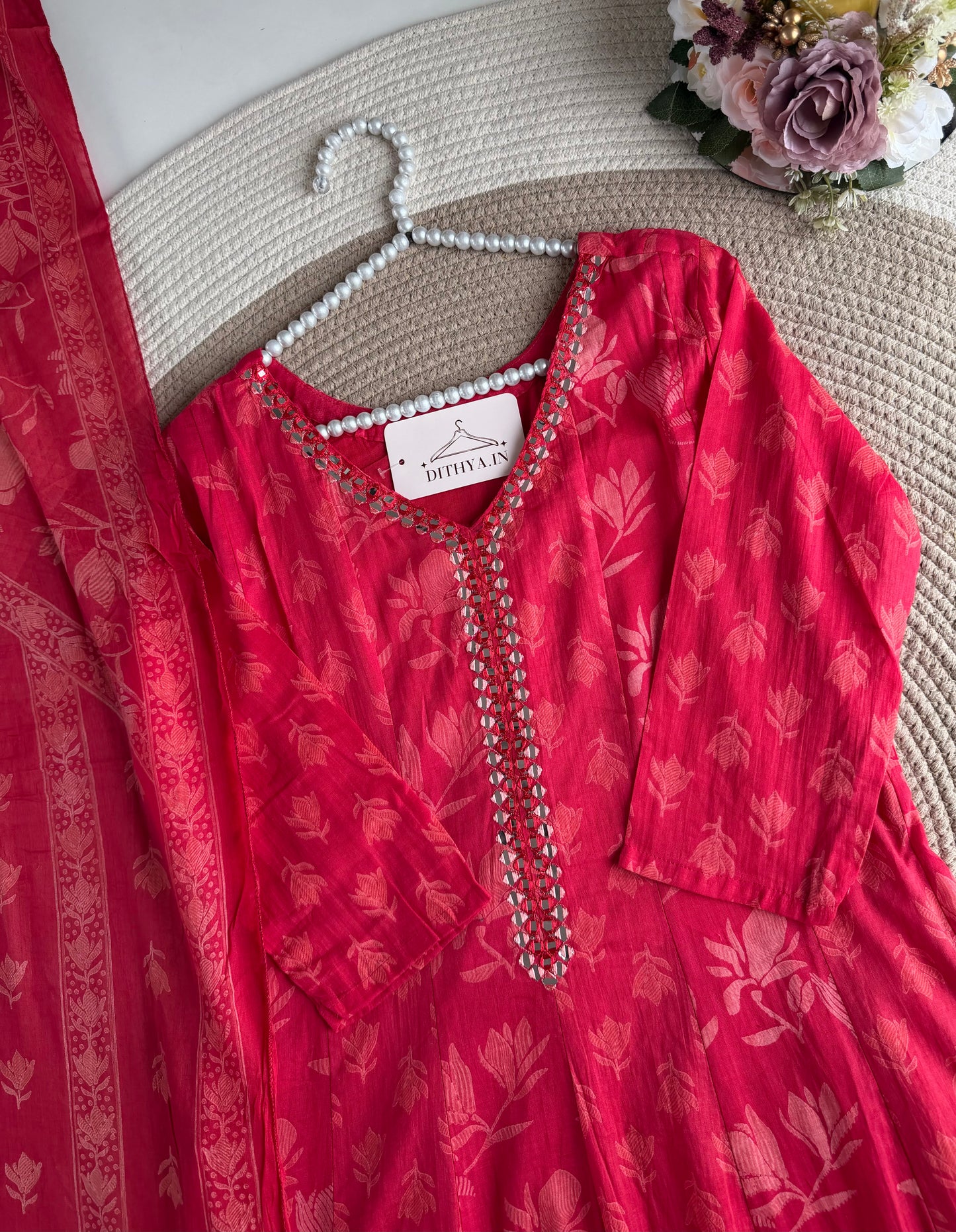 K559 - Mul cotton printed Anarkali with pants and dupatta in 2 colours