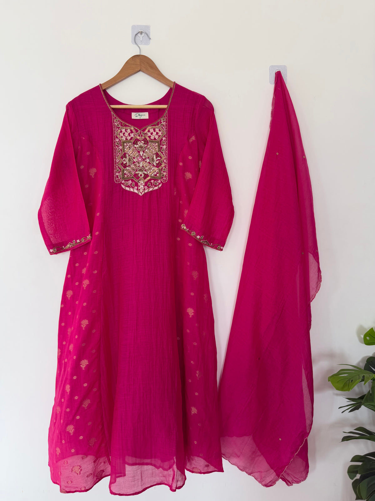 K551 - Mul chanderi zari handwork Aline Kurti with pants and dupatta