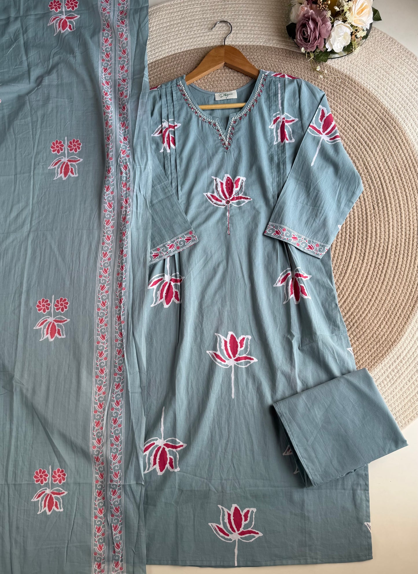 K164 - Mul cotton embroidered Aline Kurti with pants and dupatta in 3 colours
