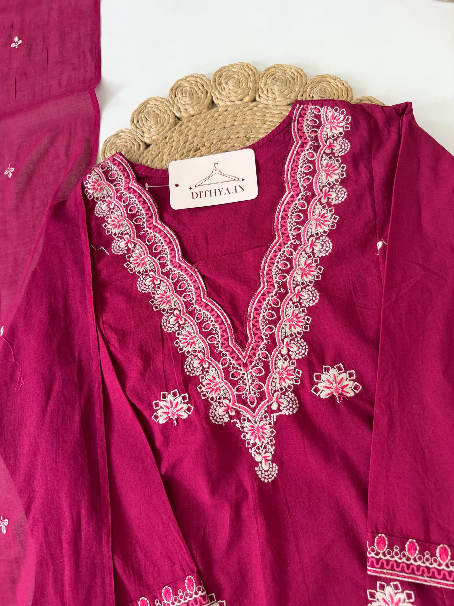 K434 - Mul cotton embroidered Aline Kurti with pants and dupatta