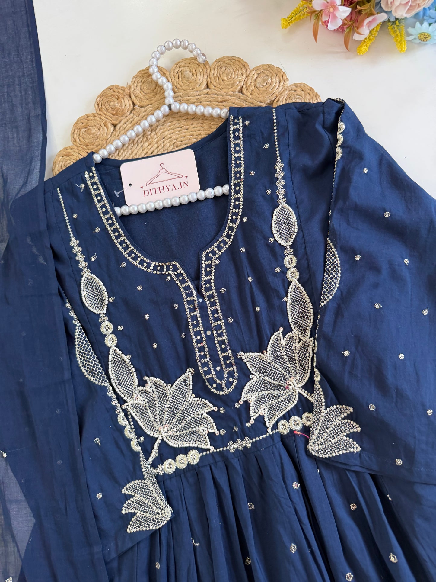 K126 - Mul cotton embroidered Anarkali with pants and dupatta in 2 colours