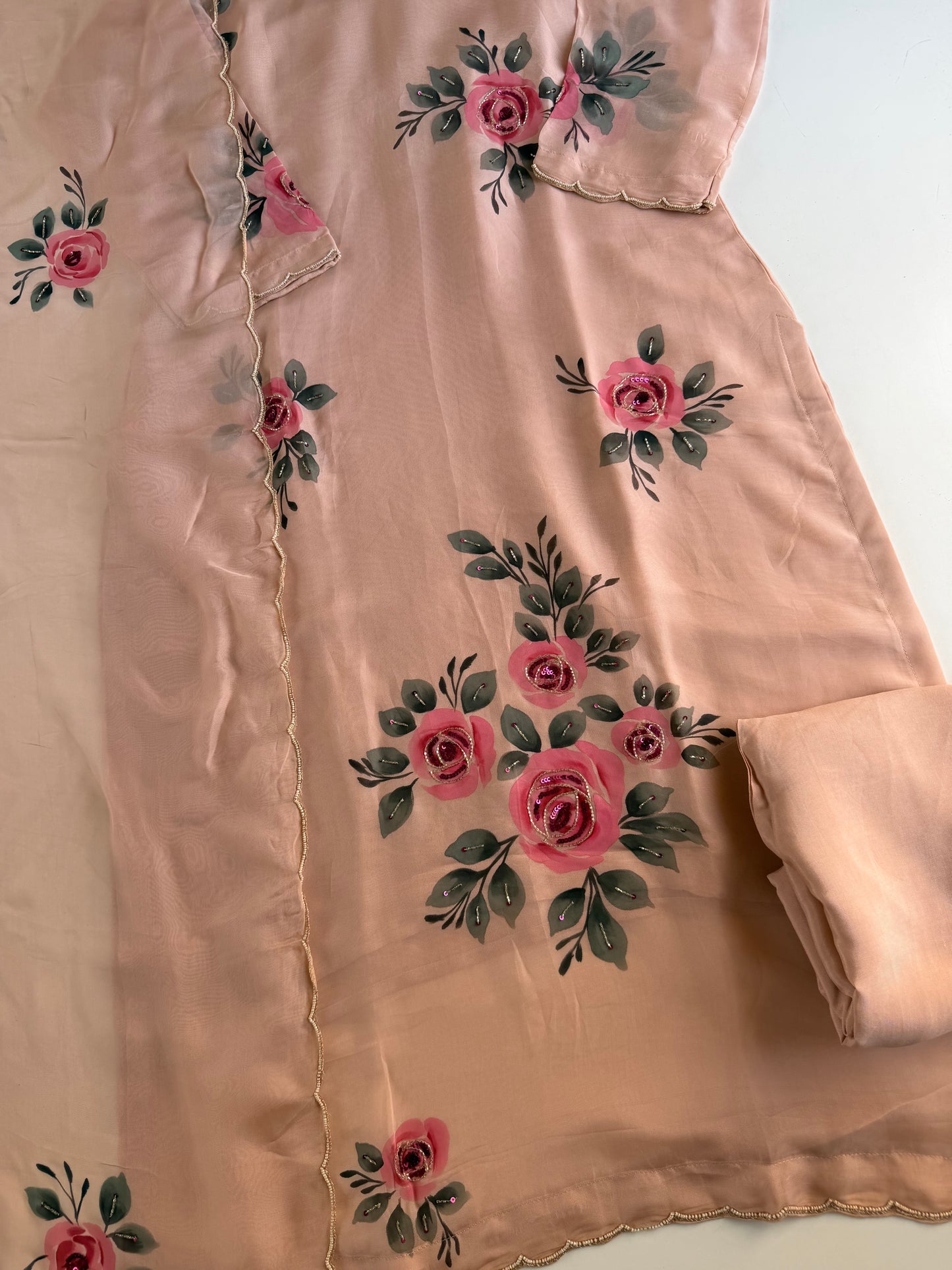 K441 - Viscose organza floral straight Kurti with pants and dupatta