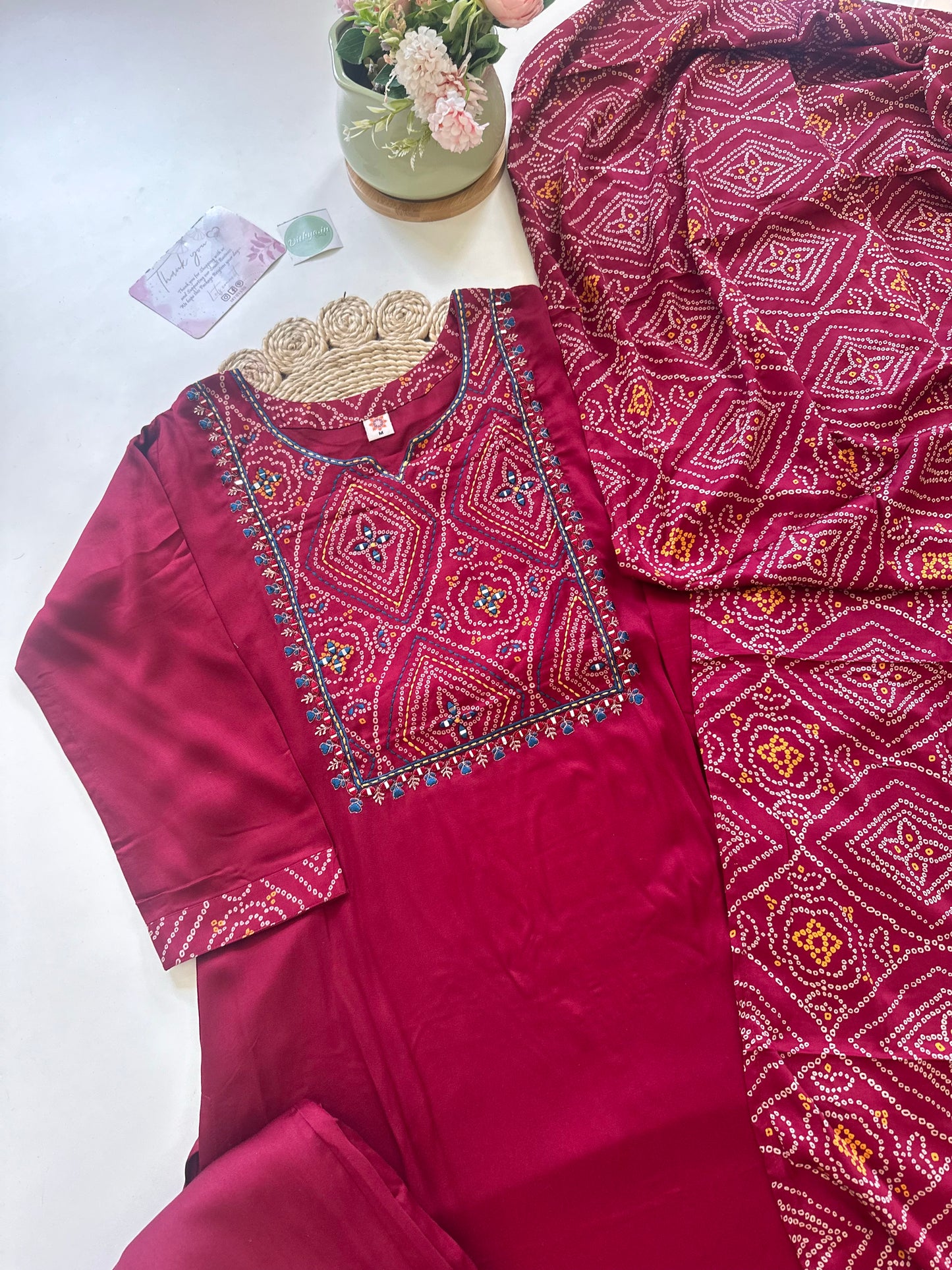 K154 - Muslin silk Bandhini print straight kurti with pants and dupatta.