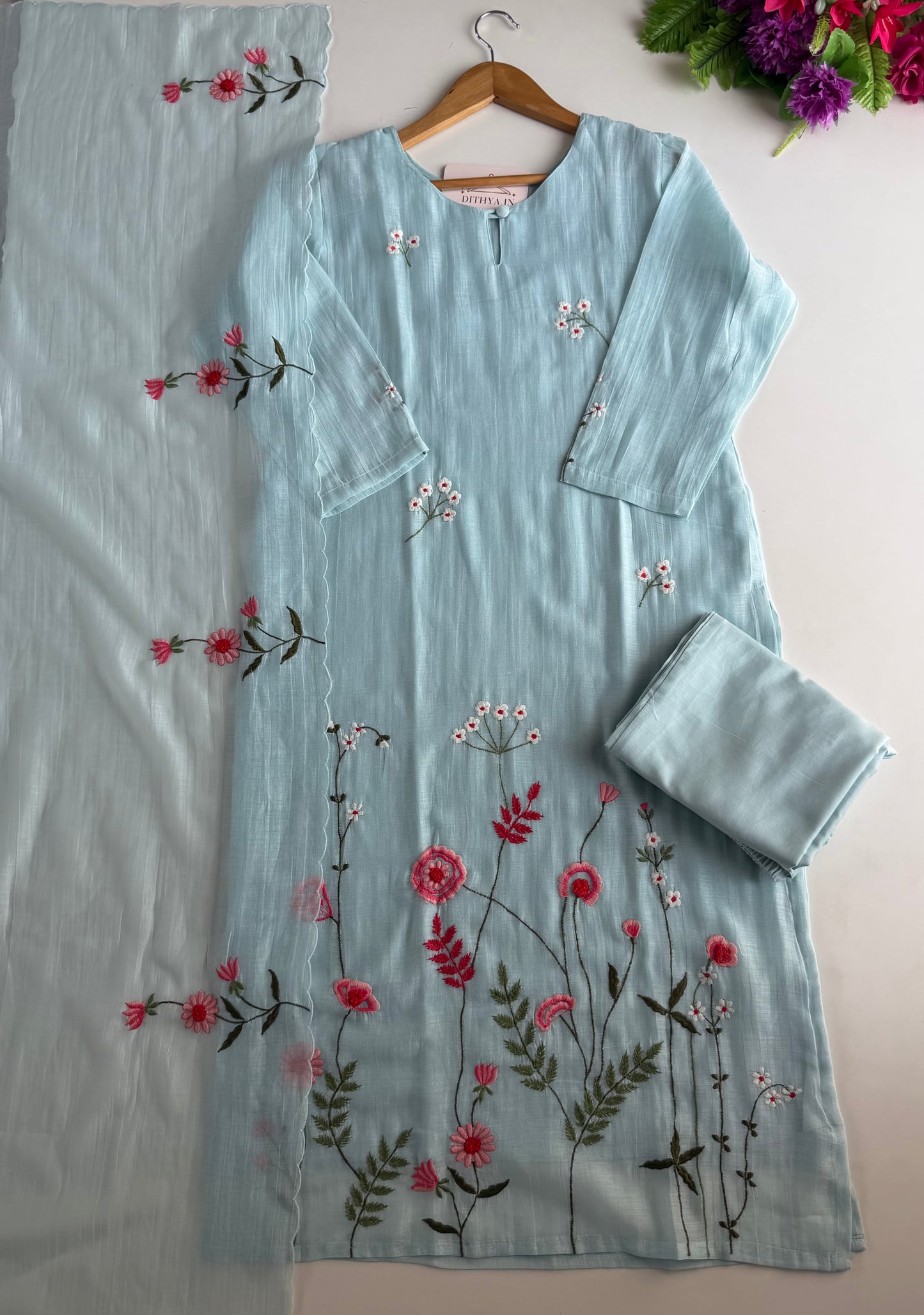 K629 - Mul chanderi 3D embroidered straight Kurti with pants and dupatta