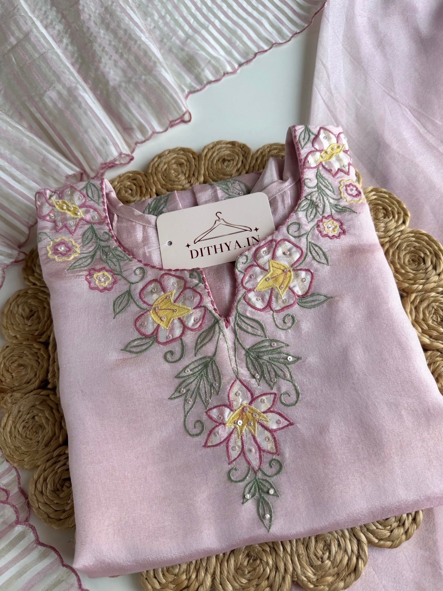 K548 - Tissue silk appliqué handwork short Kurti with divider pants and dupatta