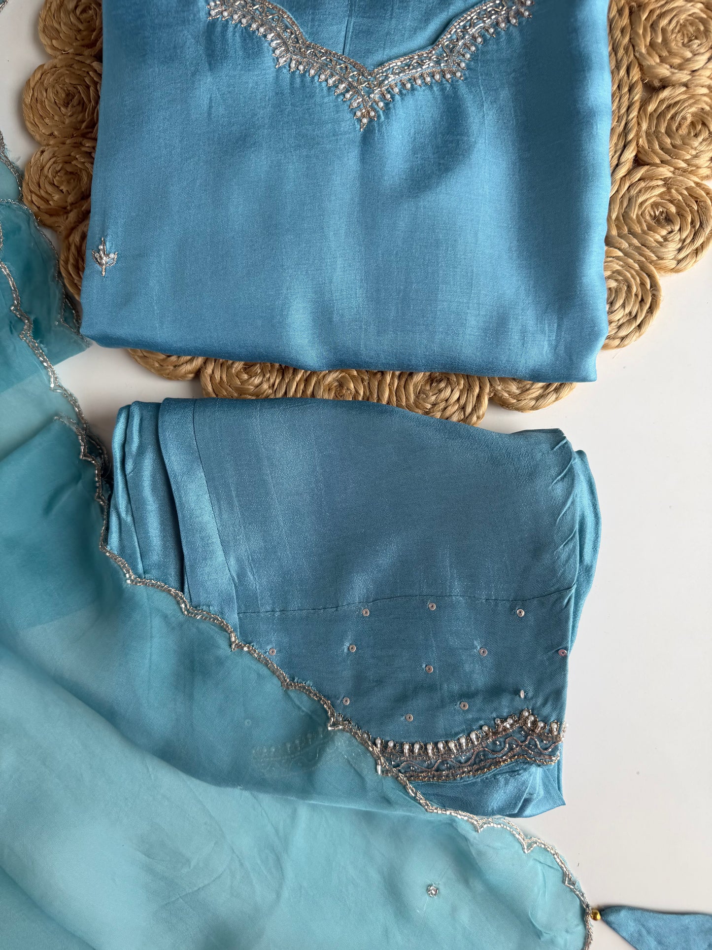K366 - Russian silk handwork straight Kurti with pants and dupatta