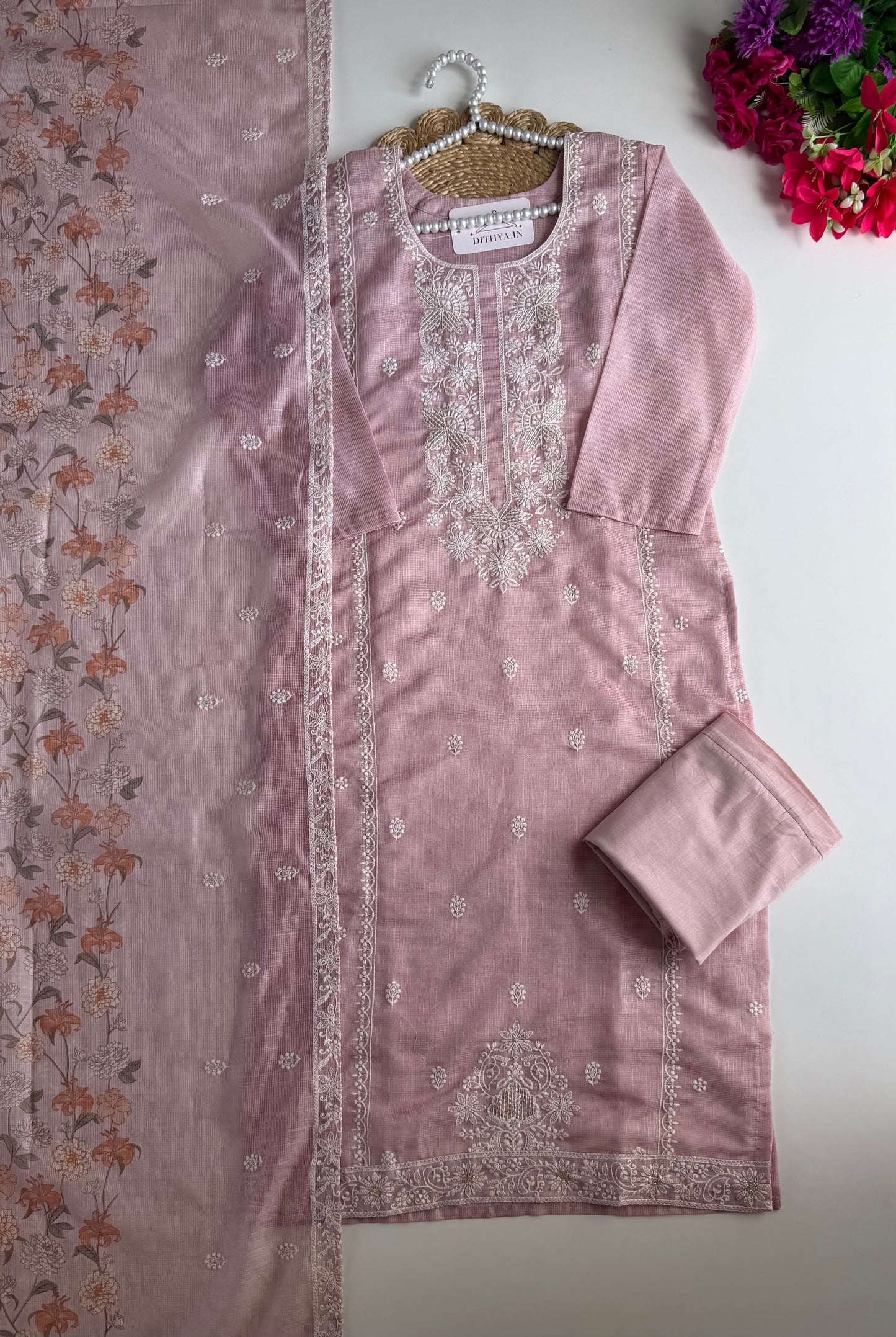 K465 - Kota Doriya embroidered straight Kurti with pants and dupatta