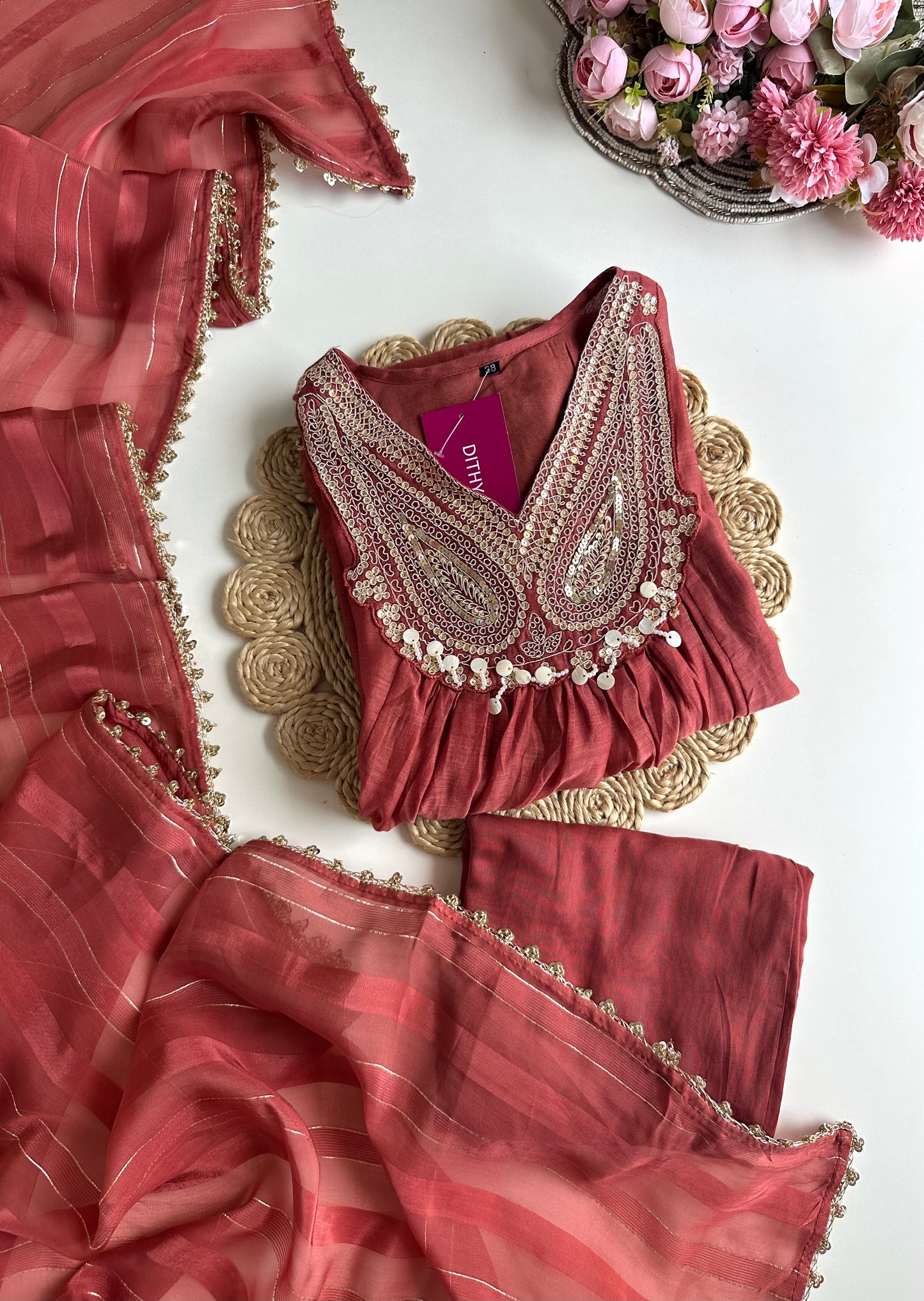 K093 - Mul Chanderi handwork Aline Kurti with pants and dupatta in 2 colours