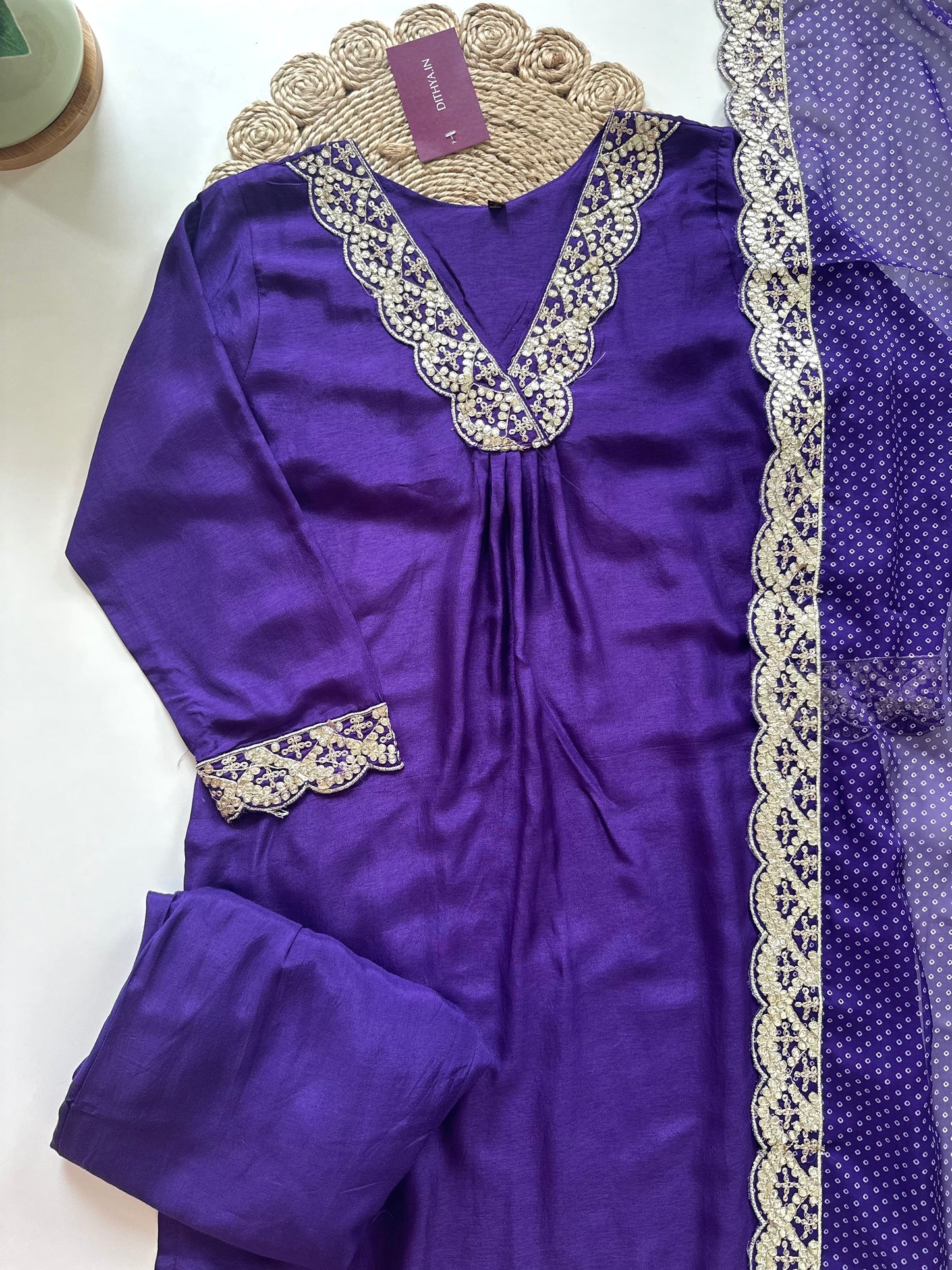 K290 - Russian silk Gota work Aline Kurti with pants and dupatta .