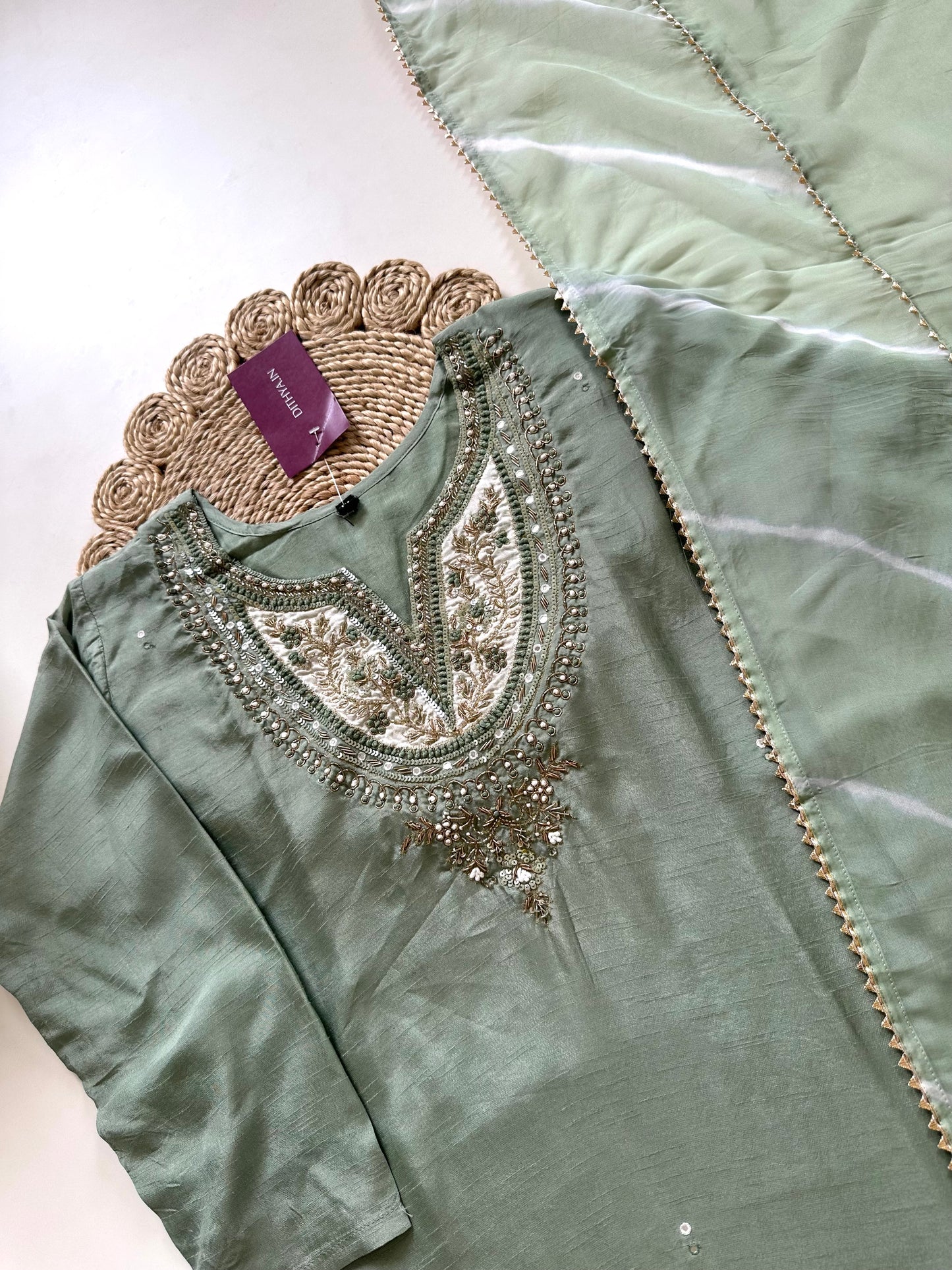 K086 - Russian silk Handwork straight Kurti with pants and dupatta .