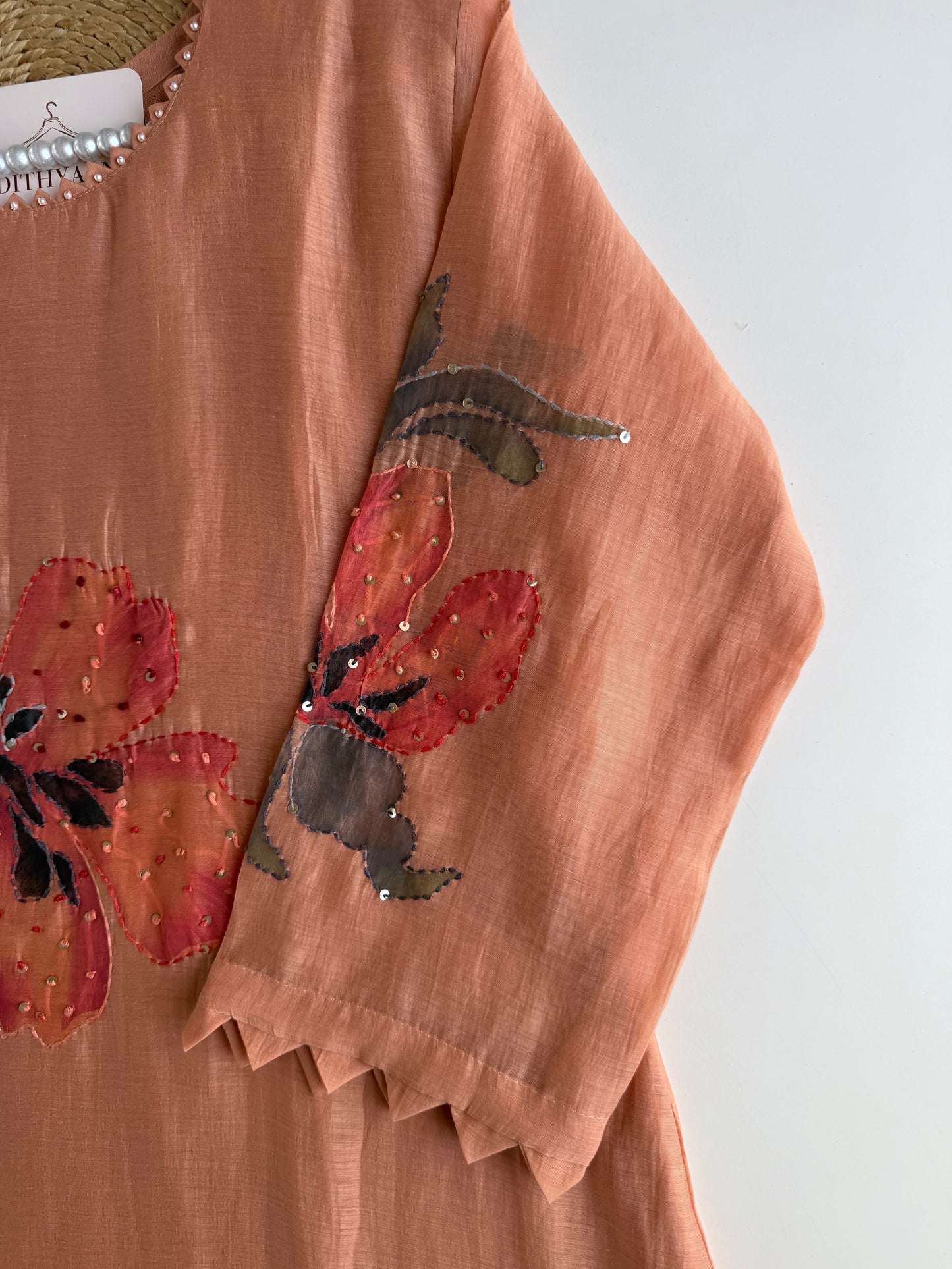 K639 - Mul chanderi embroidered Aline Kurti with pants and dupatta
