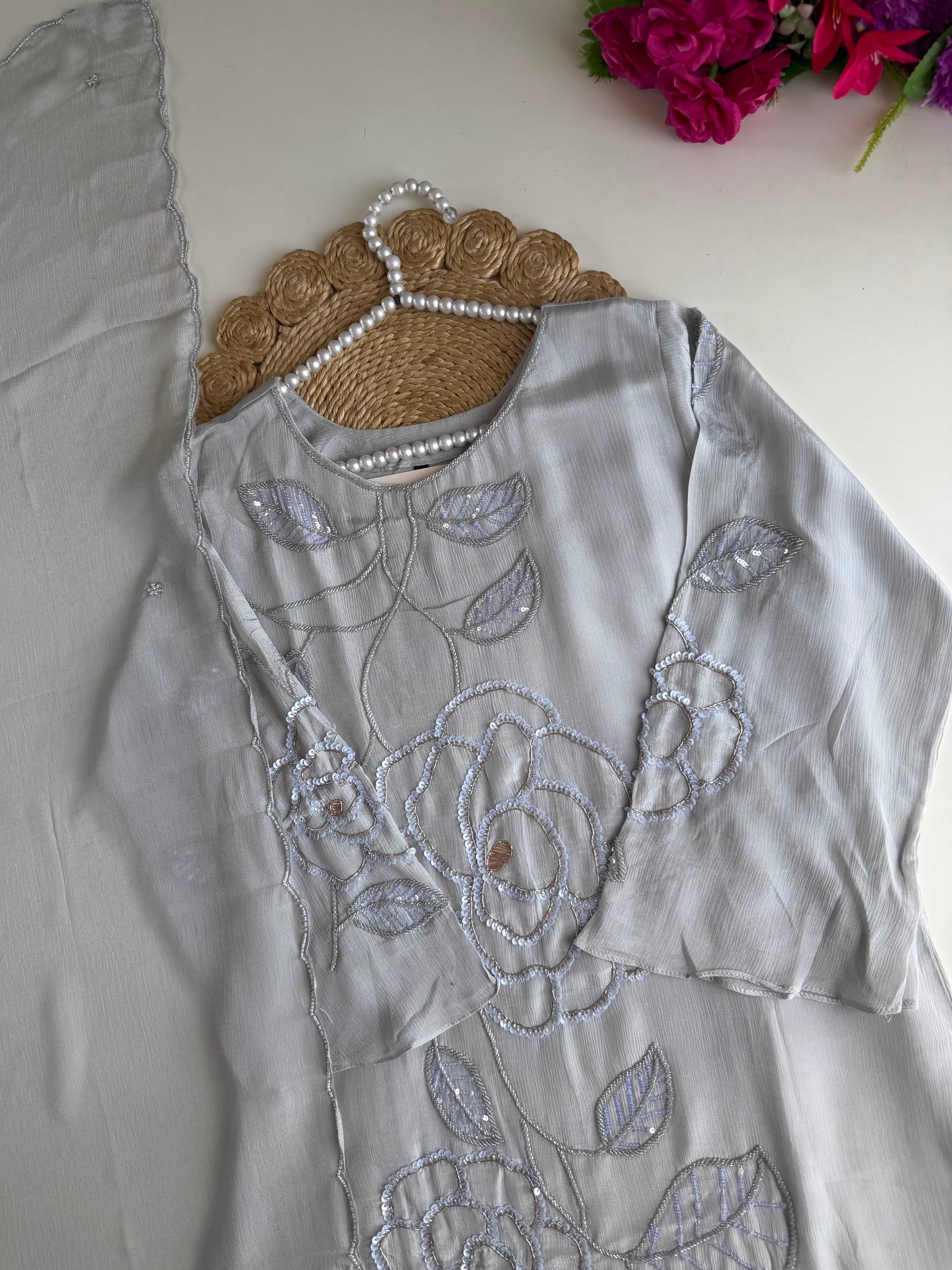 K244 - Pure Chinnon handwork aline Kurti with pants and dupatta