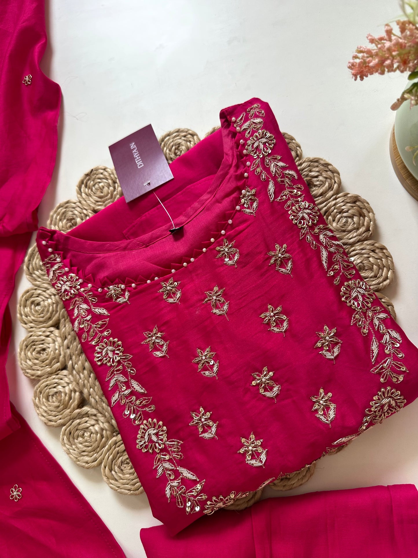 K147 - Zardosi Abuthai silk Aline kurti with pants and dupatta.