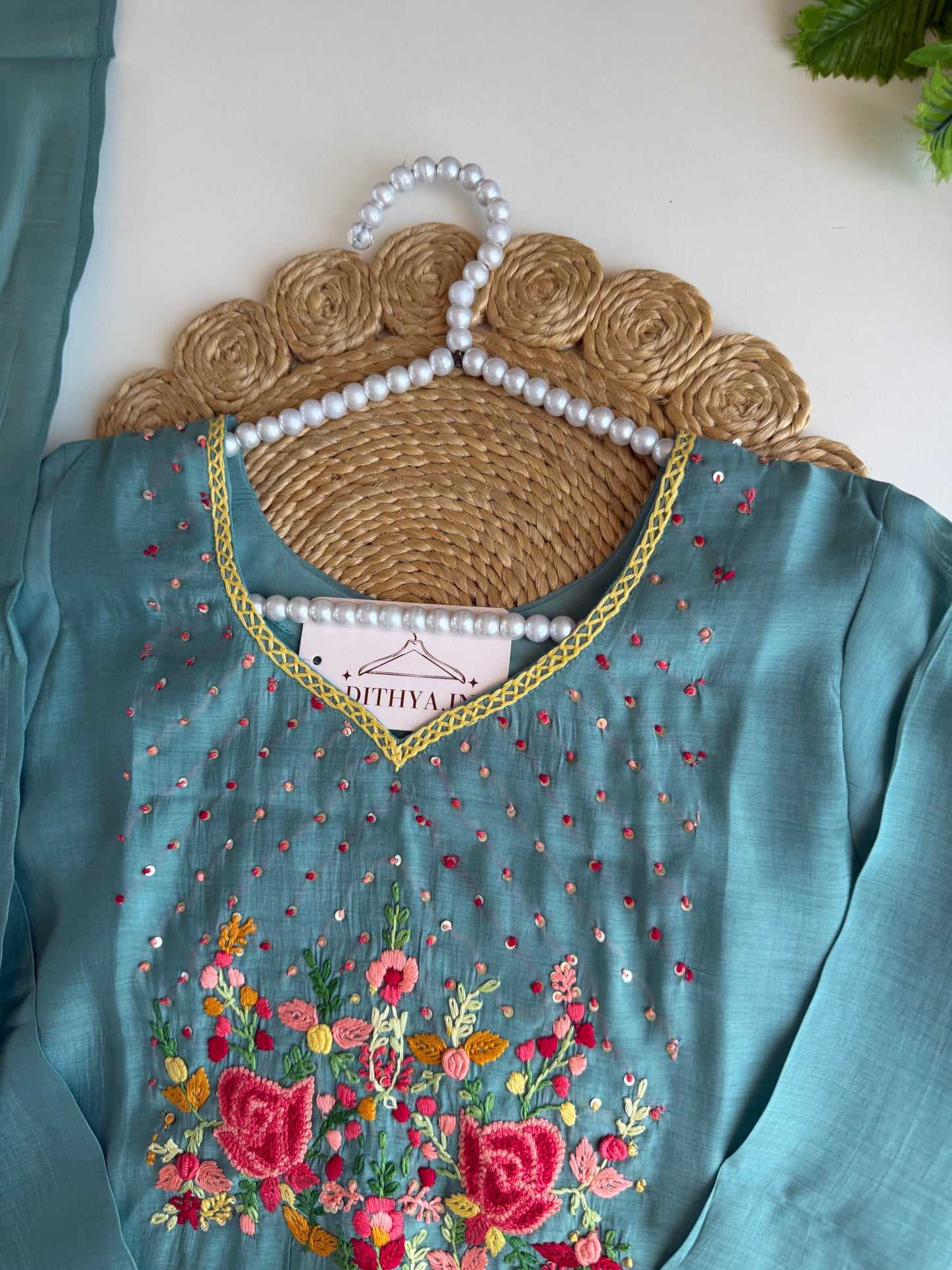 K275 - Surat Mul chanderi embroidered straight Kurti with pants and dupatta