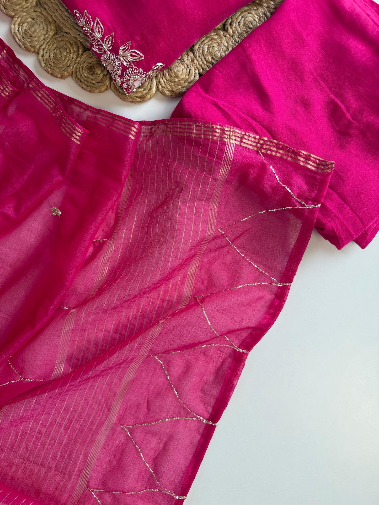 K508 - Mul chanderi handwork Aline Kurti with pants and dupatta