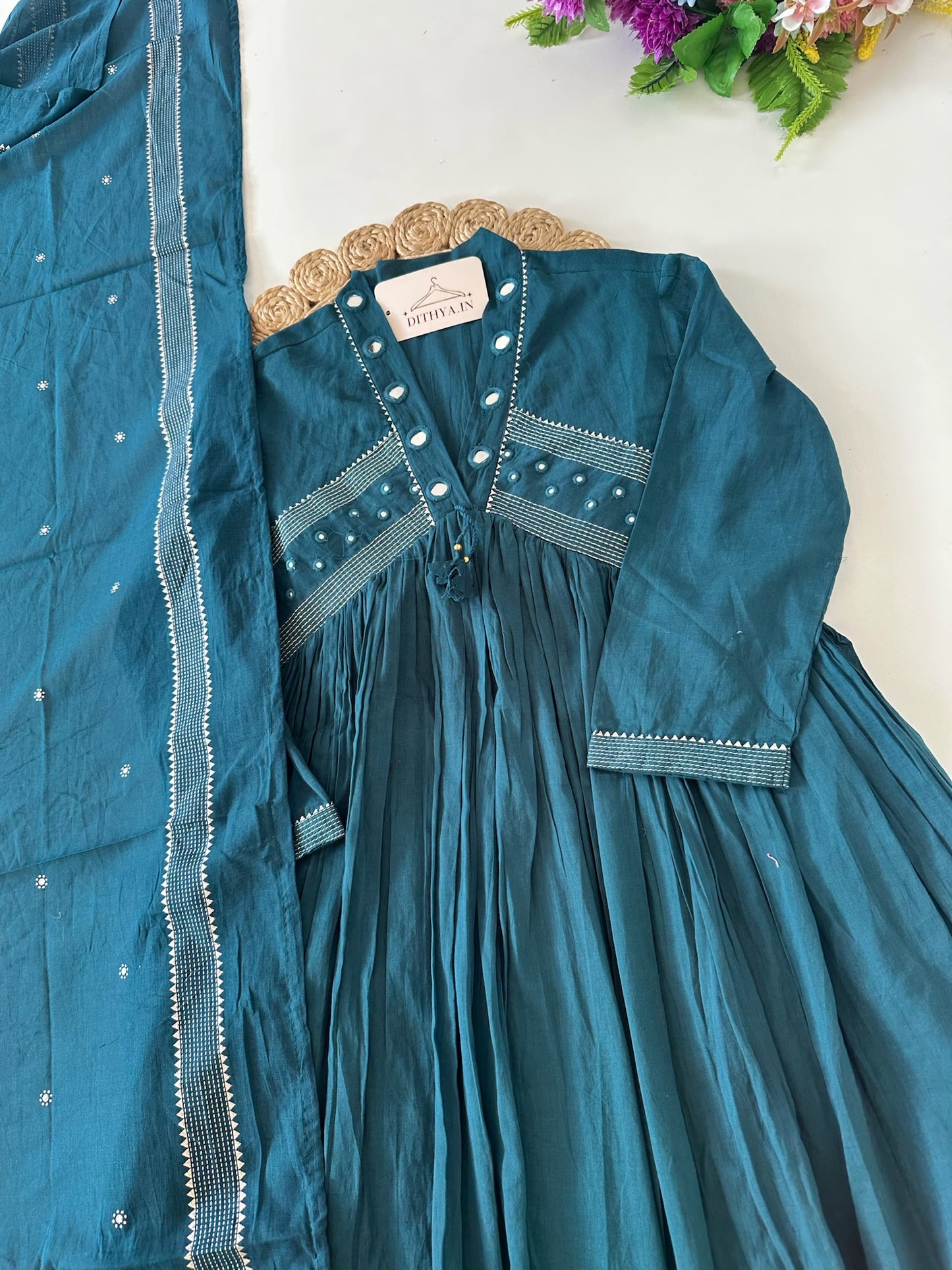 K387 - Mul cotton mirror work Anarkali with pants and dupatta