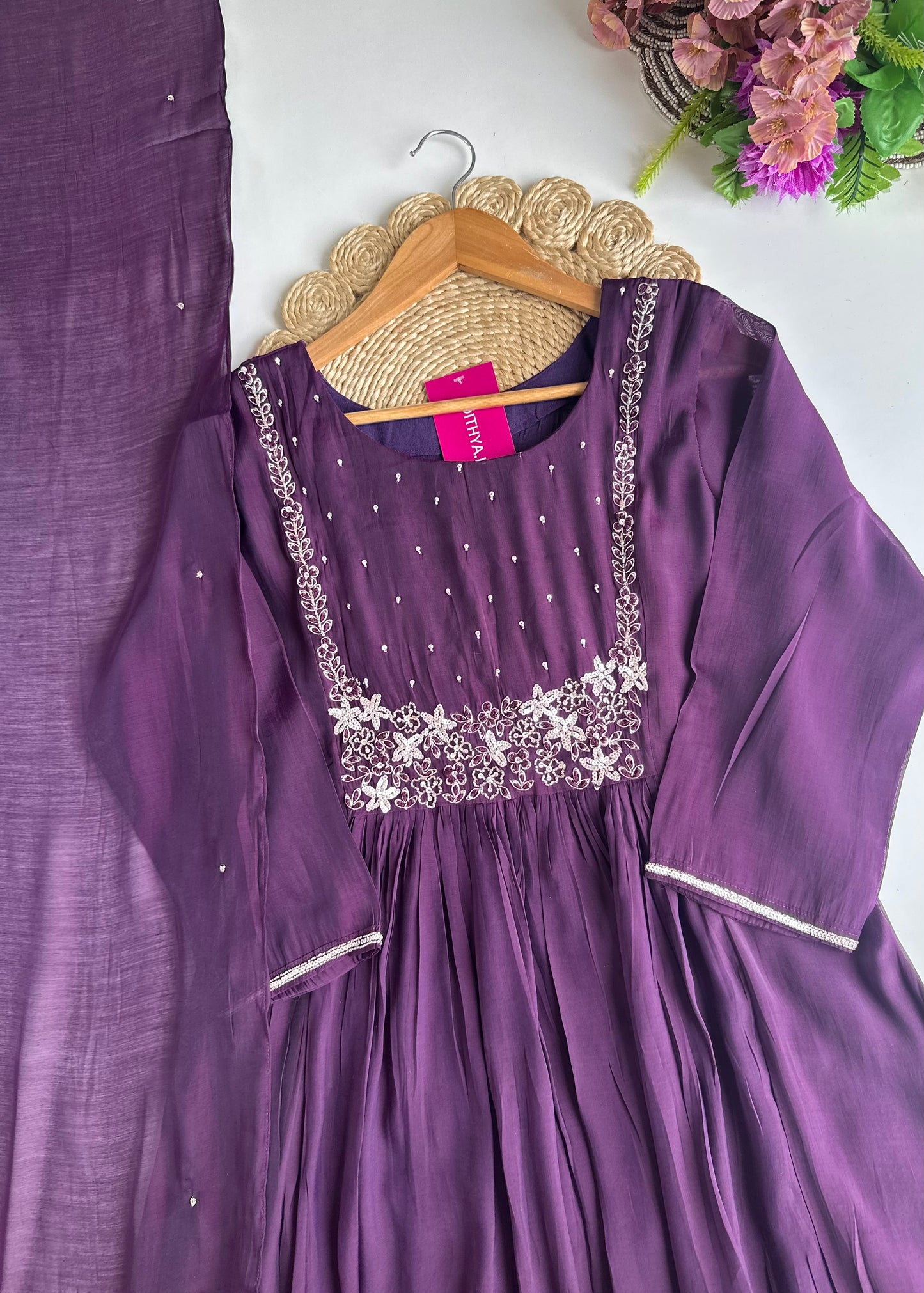 K007 - Mul Chanderi handwork Aline Kurti with pants and dupatta in 2 colours