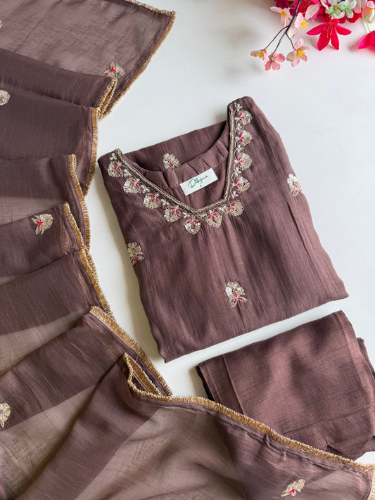 K165 - Mul chanderi handwork Aline Kurti with pants and dupatta