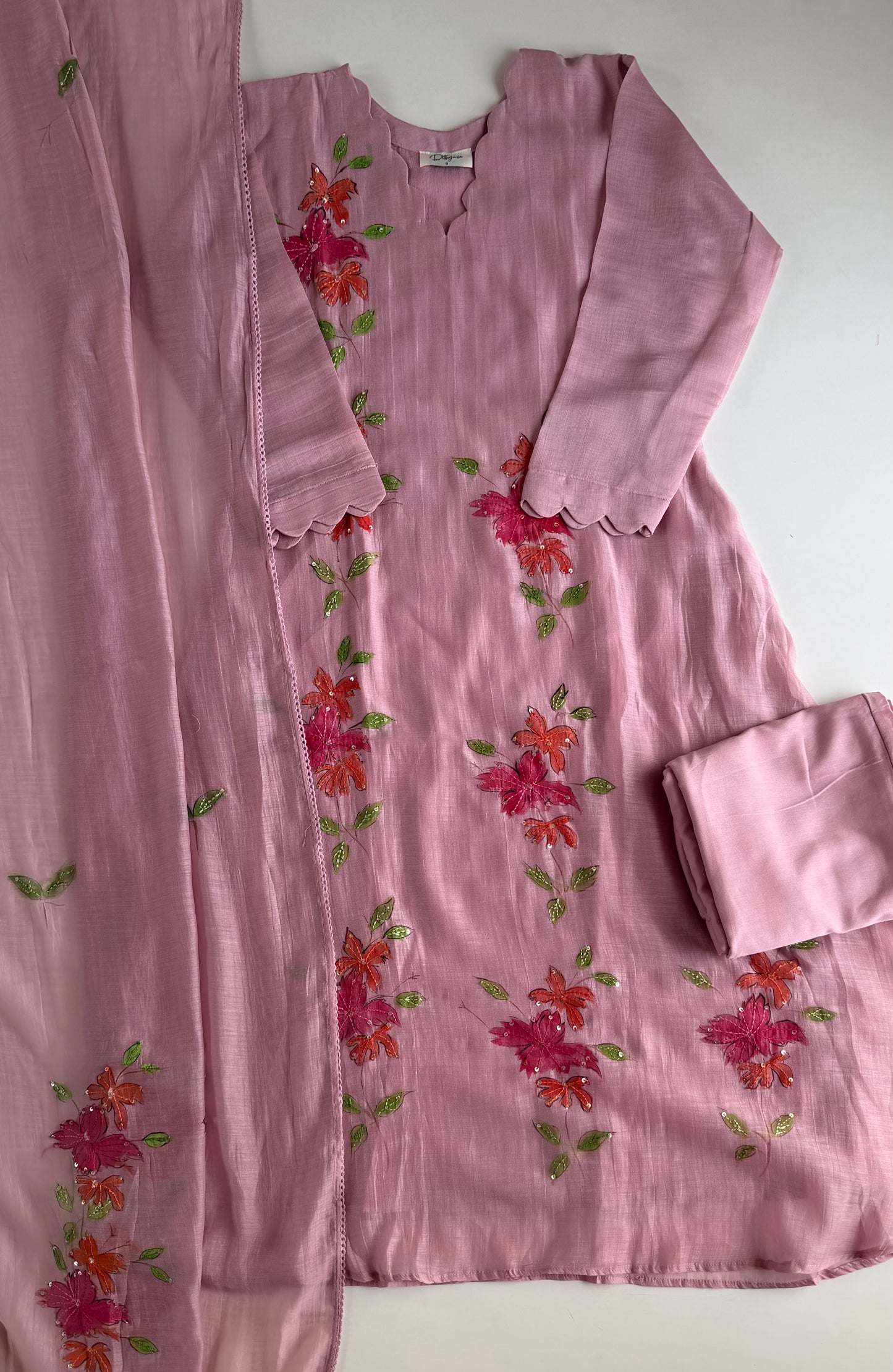 K355 - Mul Chanderi hand painted embroidered Aline Kurti with pants and dupatta in 3 colours