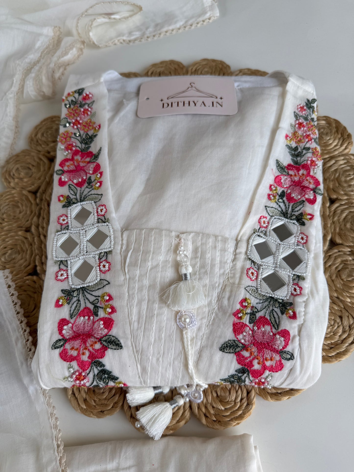 K629 - Mul cotton embroidered Aline Kurti with pants and dupatta