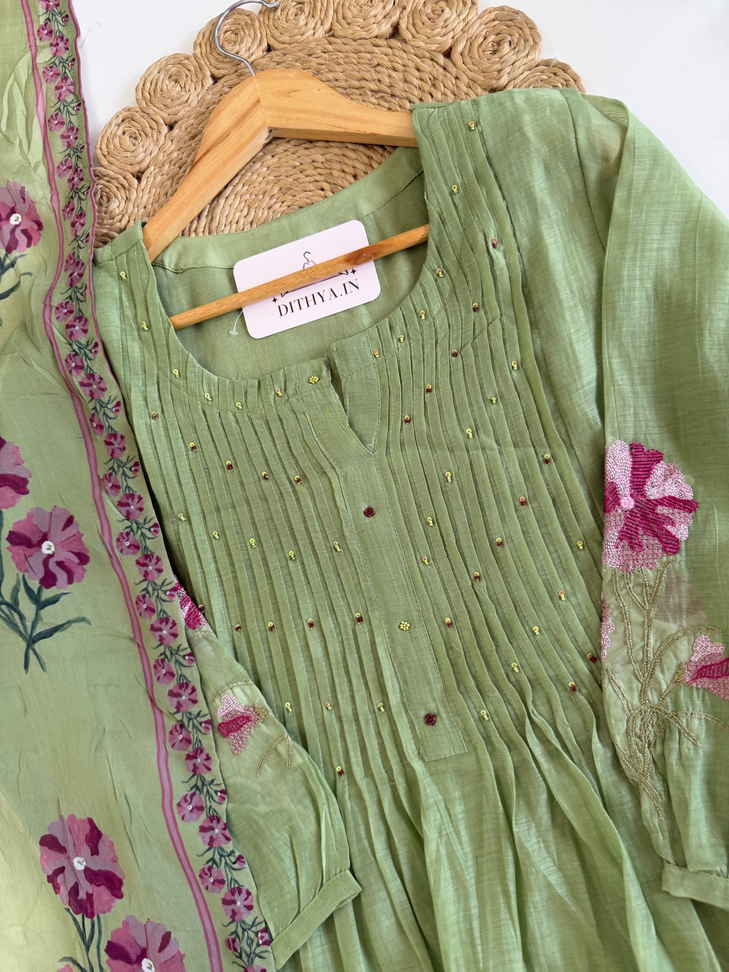 K600 - Mul chanderi embroidered Anarkali with pants and dupatta