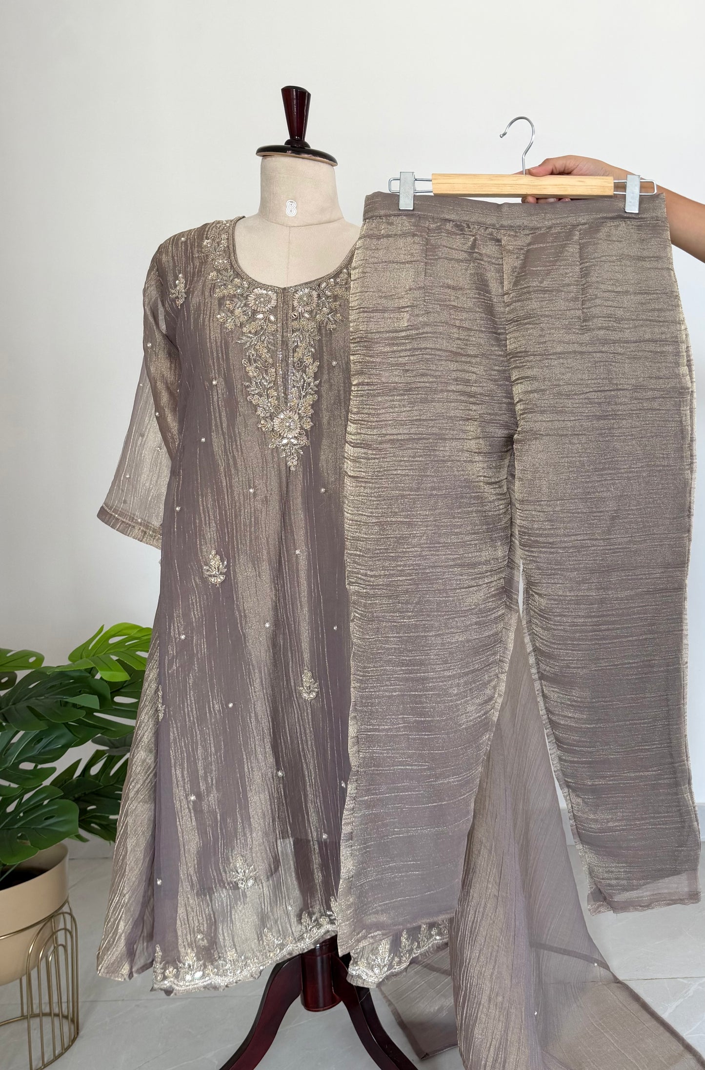 K712 - Glass crush tissue handwork Anarkali with pants and dupatta in 2 colours