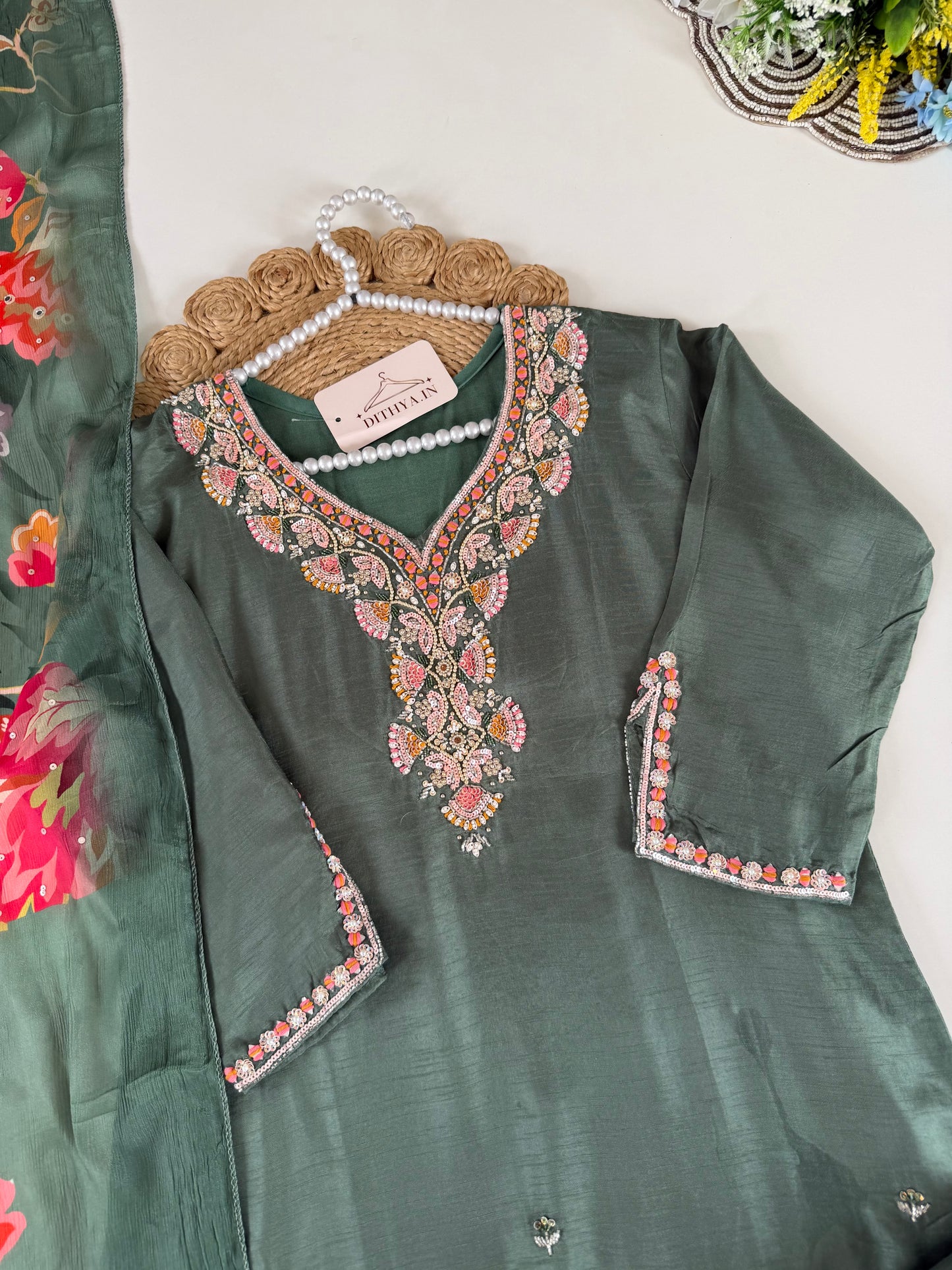 K642 - Dola silk Handwork straight Kurti with pants and dupatta