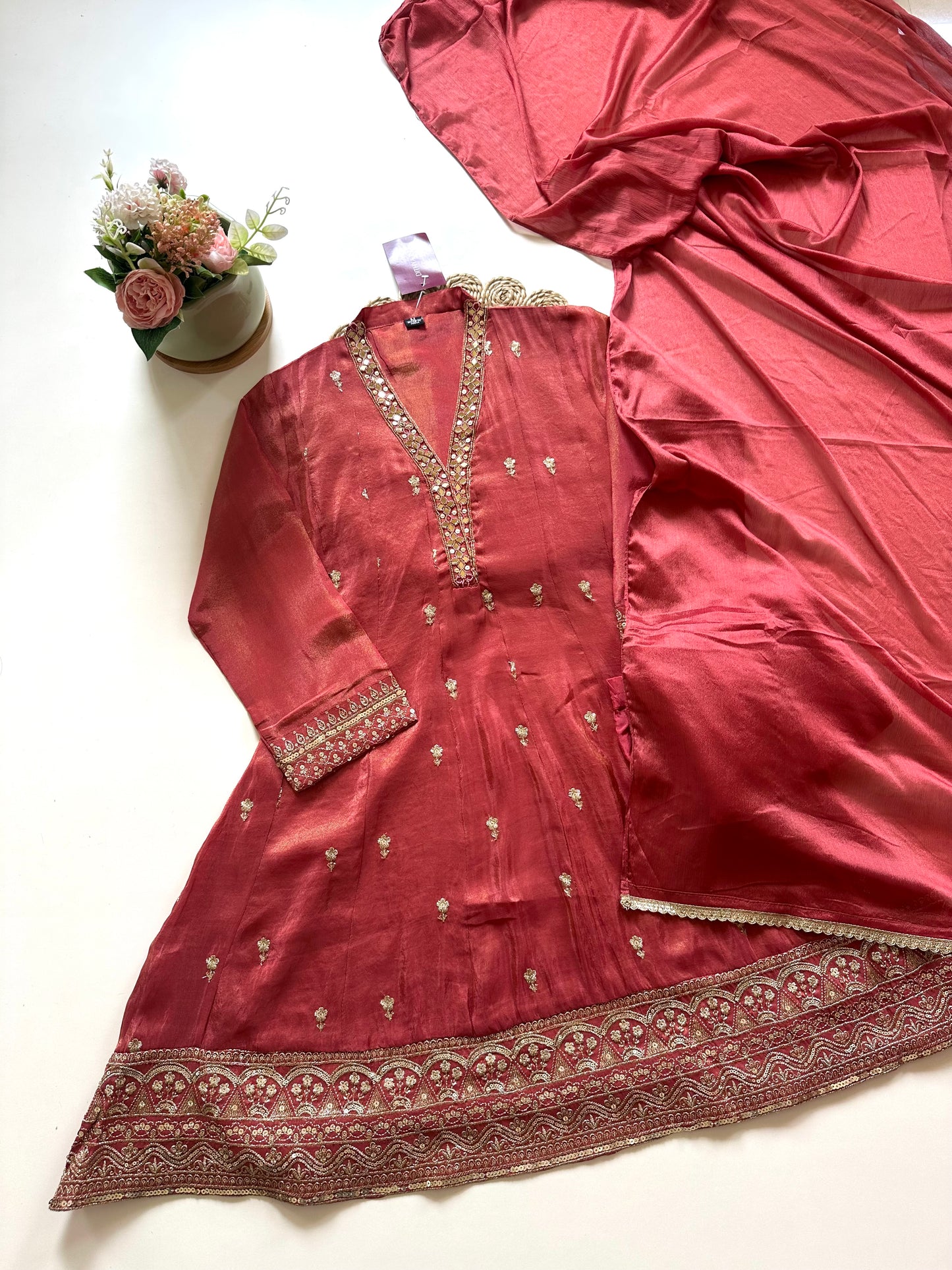 K049 - Short Aline Tissue silk Anarkali with pants and dupatta .