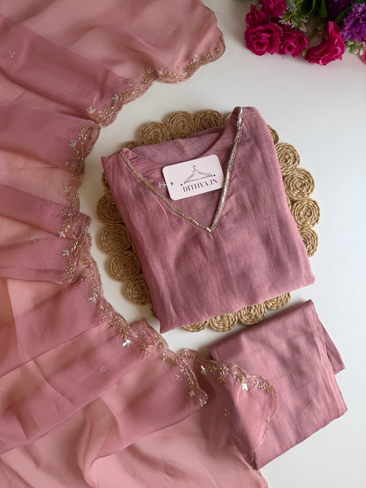 K248 - Mul chanderi handwork aline Kurti with pants and dupatta