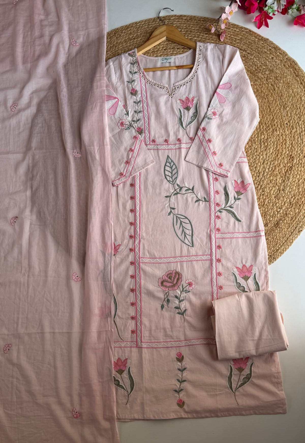K296 - Mul cotton floral embroidered straight Kurti with pants and dupatta