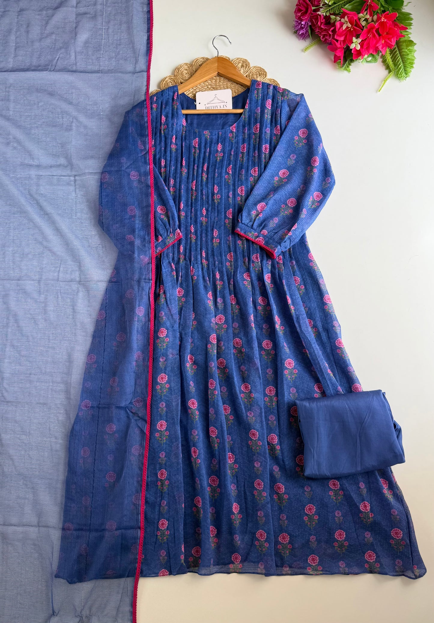 K087 - Kota doriya floral Anarkali with pants and dupatta