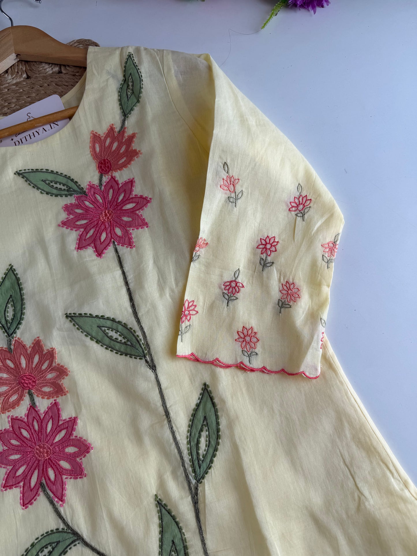 K726 - Mul cotton embroidered straight  Kurti with pants and dupatta