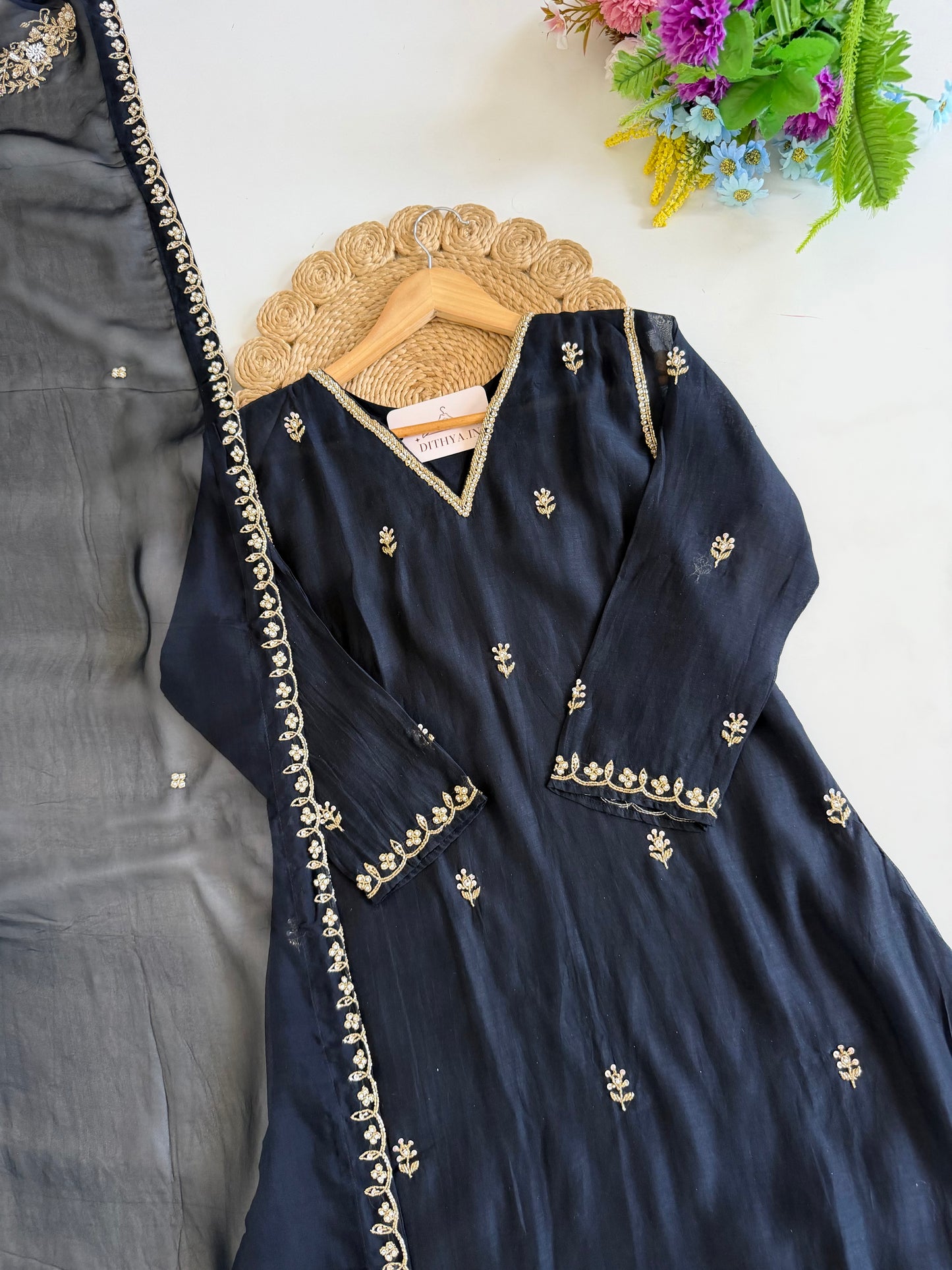 K229 - Mul chanderi handwork aline Kurti with pants and dupatta