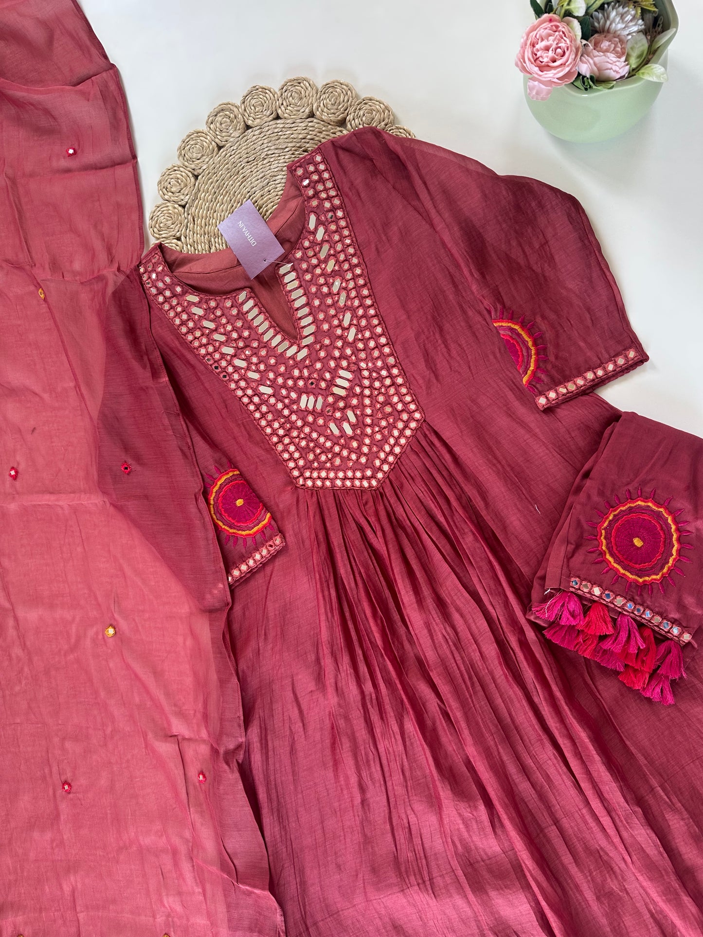 K208 - Mul Chanderi Mirror work Anarkali with pants and dupatta .